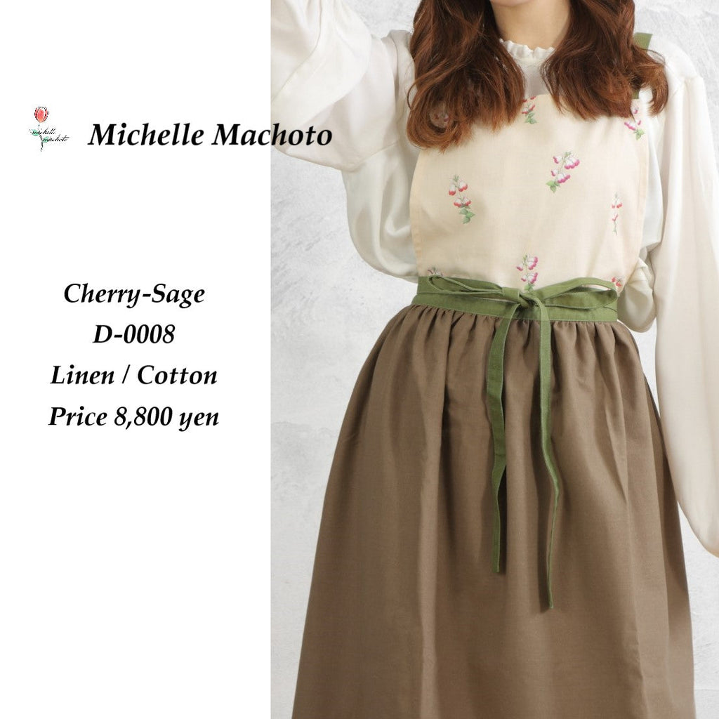 [Michelle Machoto] Michelle Machoto Cherry Sage Print Long Wide Gathered Apron D-0008