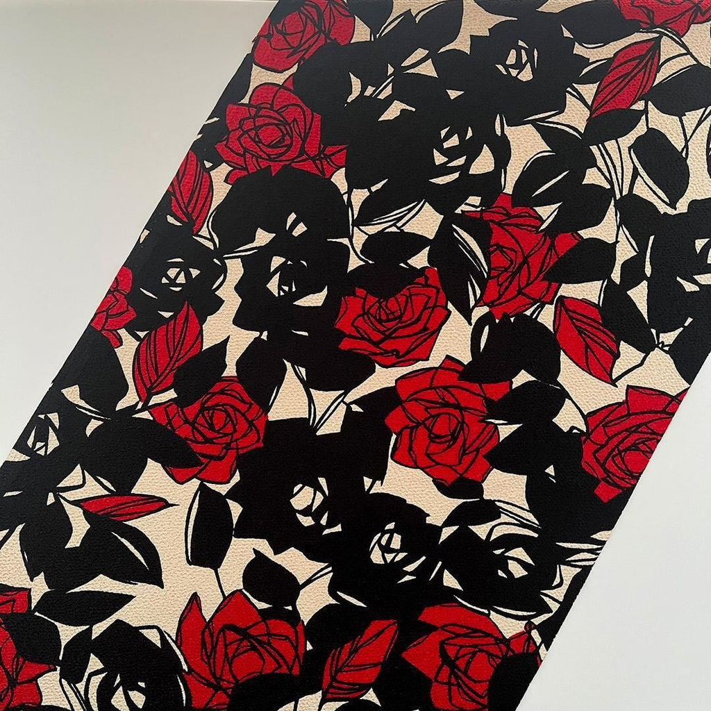 Obiage: Retro Modern, Chirimen Crepe, Sand-colored with Deep Crimson Yumeji Roses