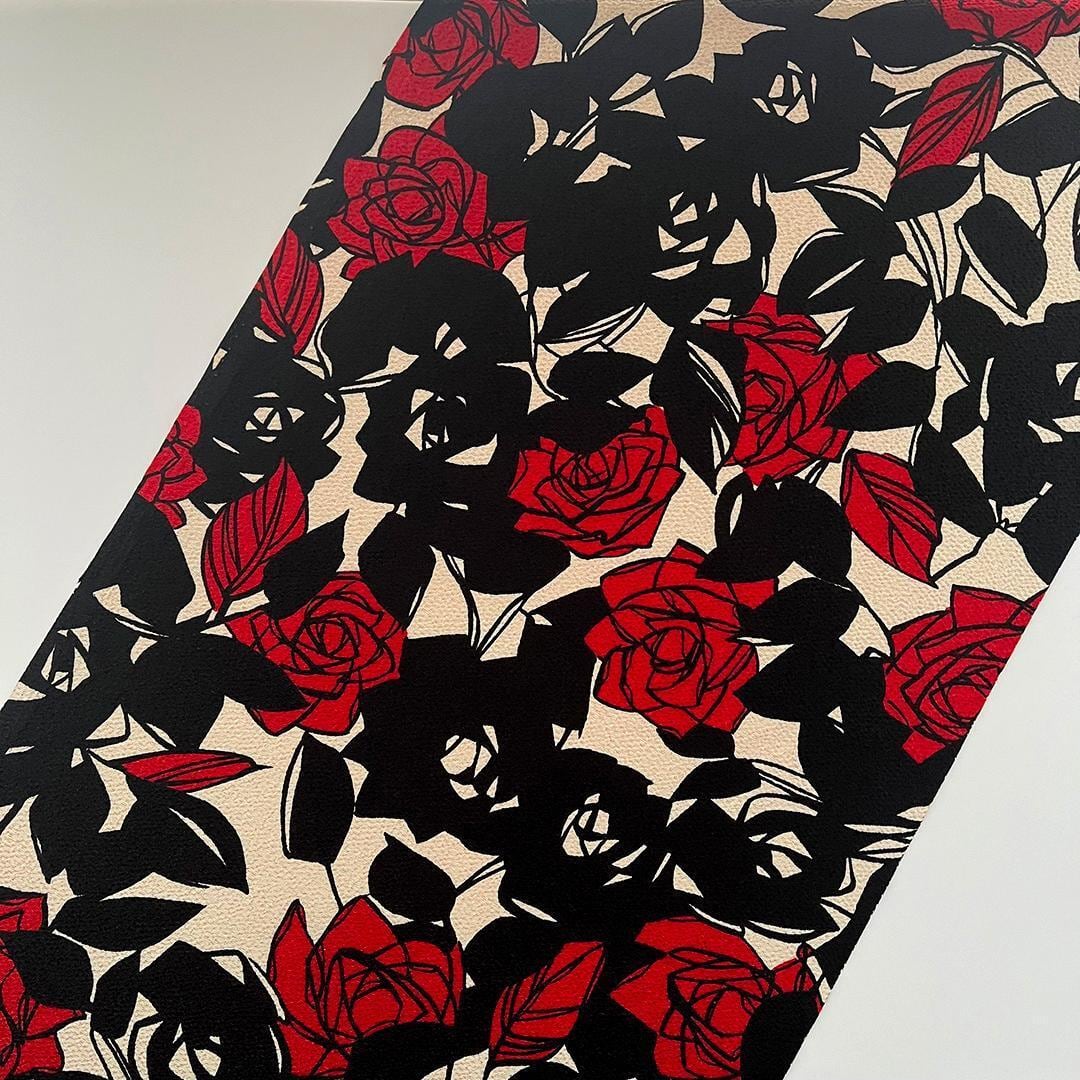 Obiage: Retro Modern, Chirimen Crepe, Sand-colored with Deep Crimson Yumeji Roses