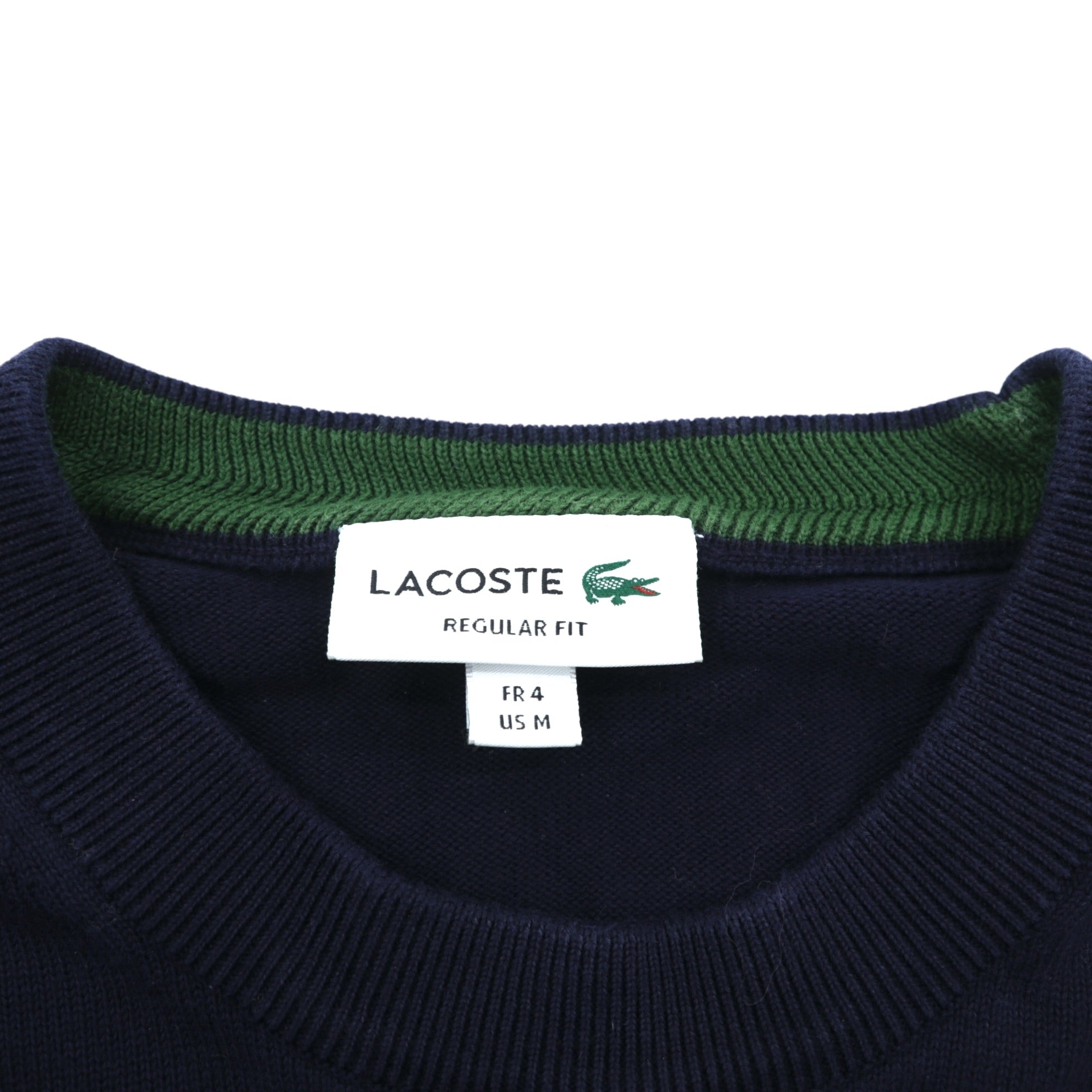 LACOSTE オーガニックコットン クルーネック ニット セーター M ネイビー REGULAR FIT ワンポイントロゴ AH1985