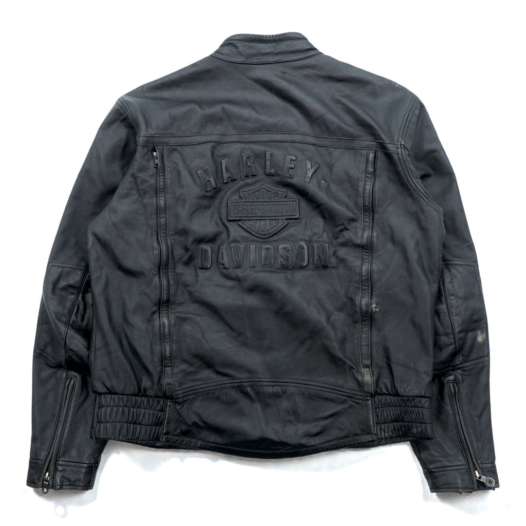 HARLEY DAVIDSON シングル ライダースジャケット L ブラック ダブルジップ レザー 本革 バック エンボスロゴ