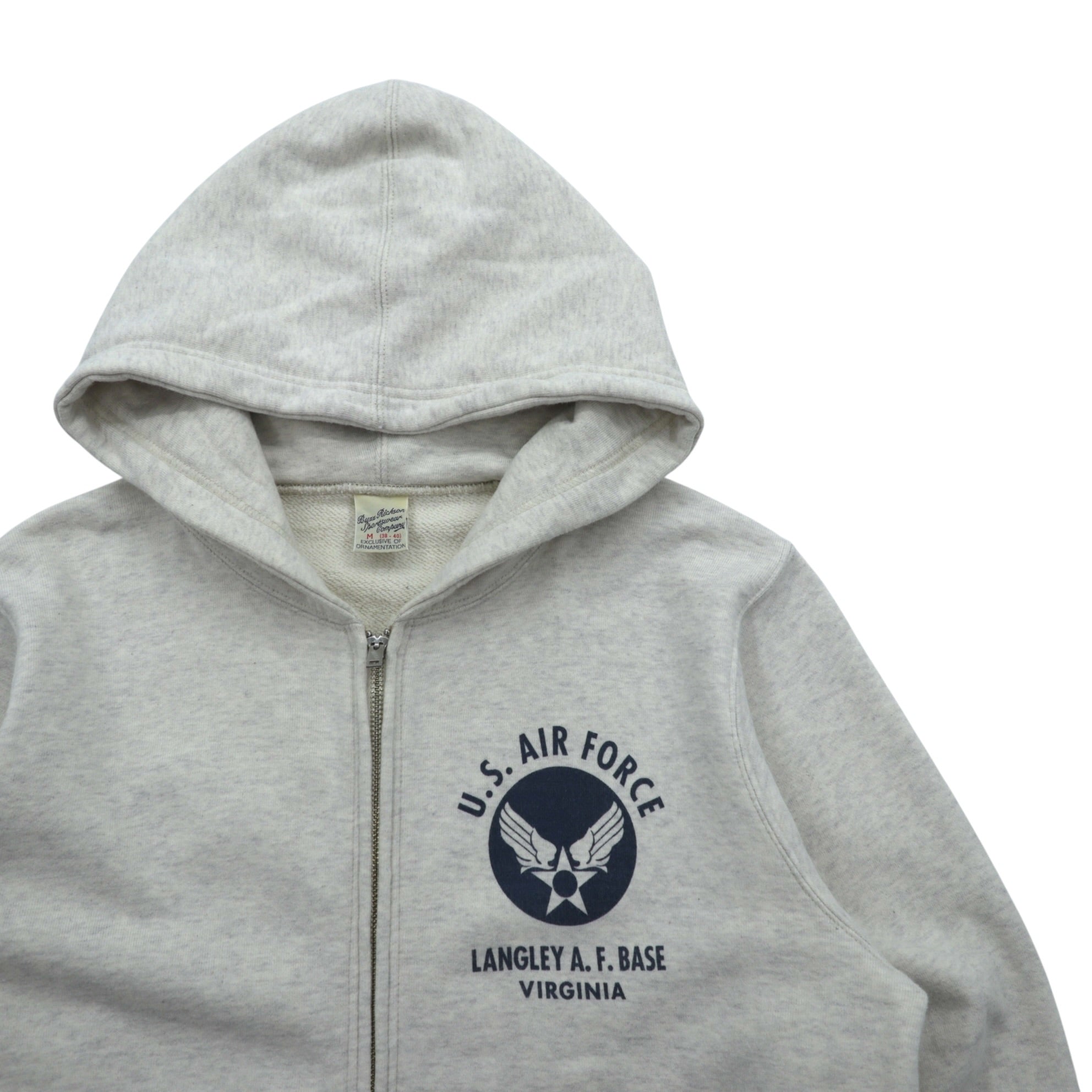 BUZZ RICKSON'S Distressed Print U.S. AIR FORCE Zip Hoodie M Gray LANGLEY A.F.BASE VIRGINIA