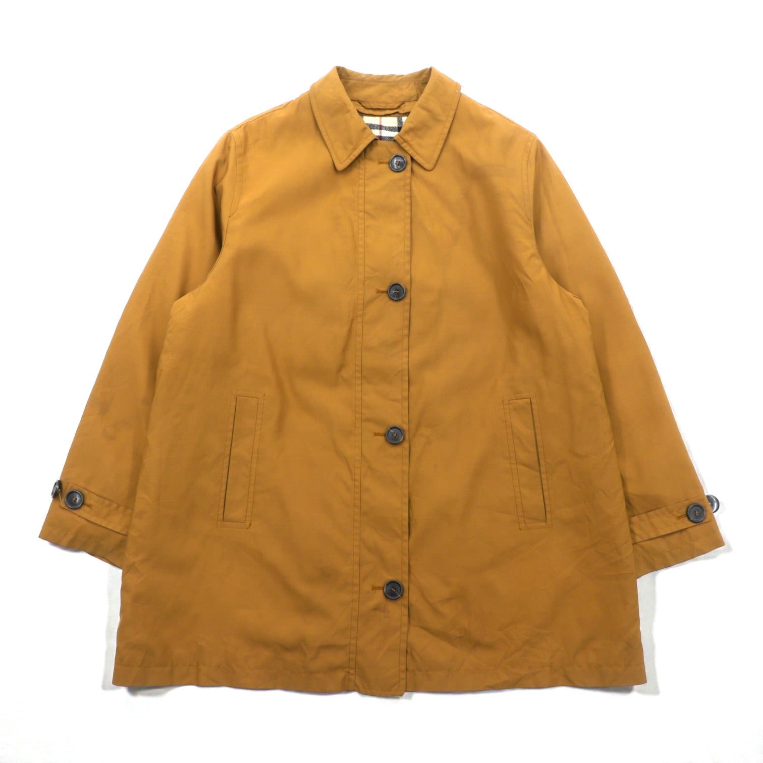 BURBERRY Button Zipper Fly A-Line Stand Collar Coat L Mustard Camel Nova Check Detachable Liner 6D6992