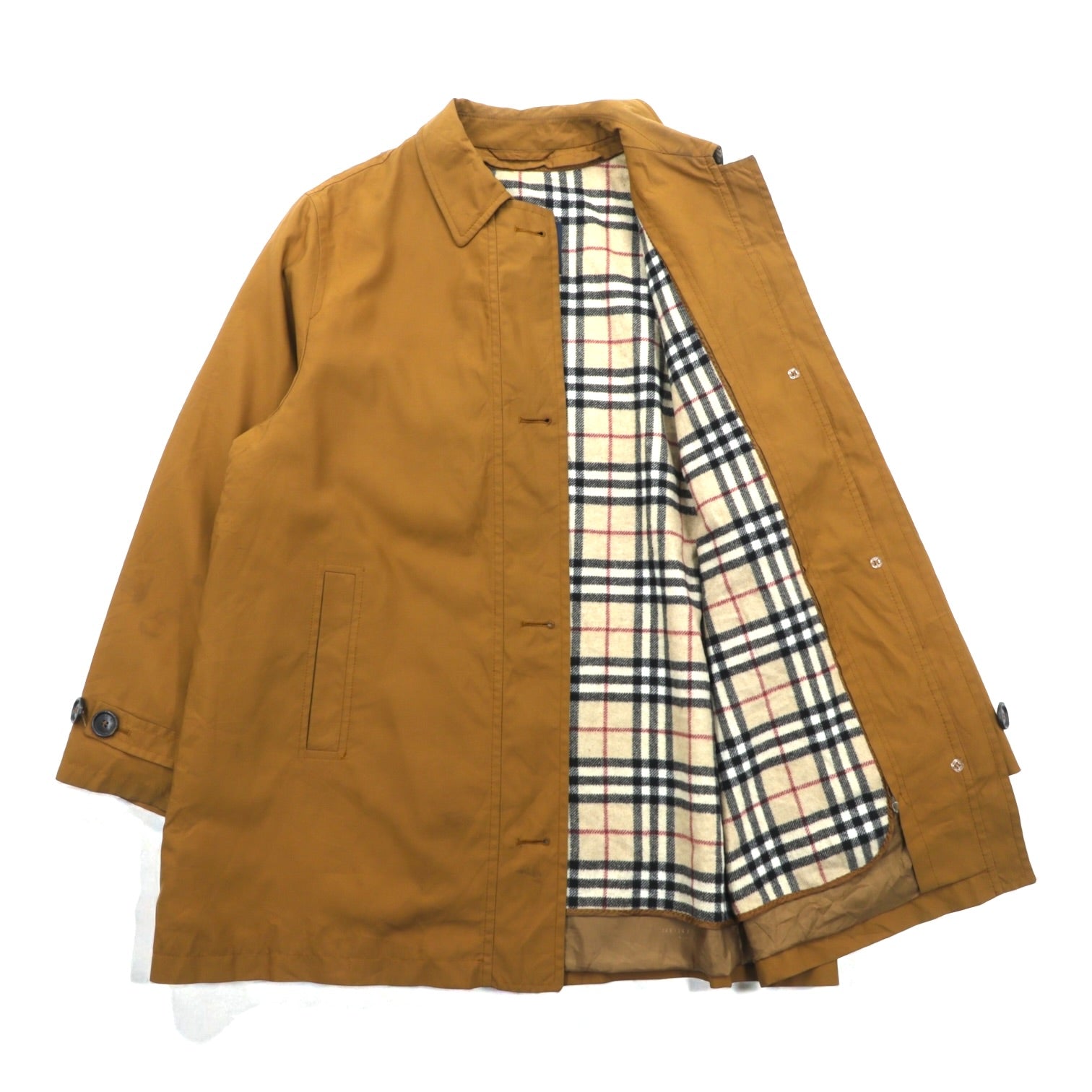BURBERRY Button Zipper Fly A-Line Stand Collar Coat L Mustard Camel Nova Check Detachable Liner 6D6992