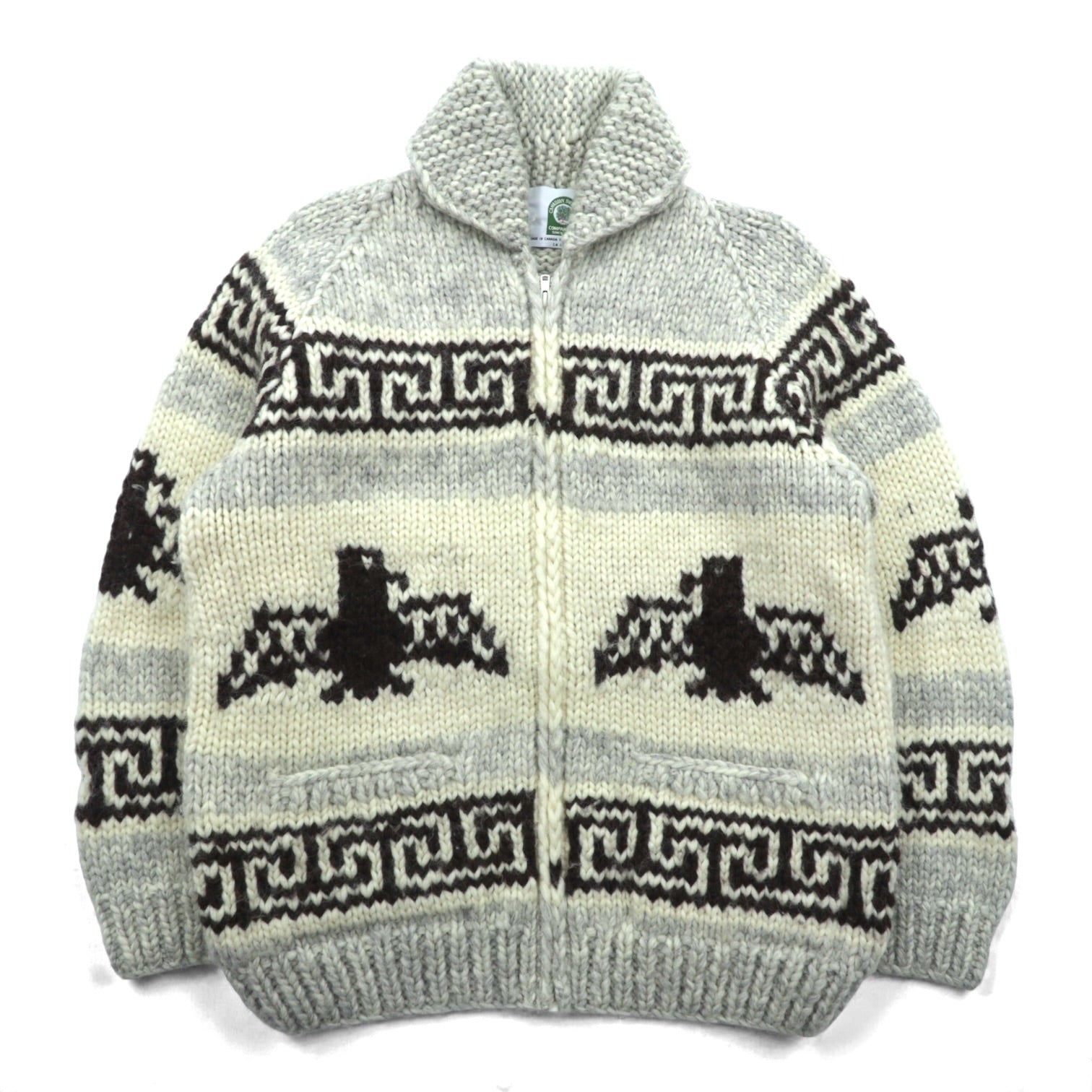 CANADIAN SWEATER 90s Made in Canada Vintage Cowichan Knit L Wool Thunderbird Zip-up Cardigan