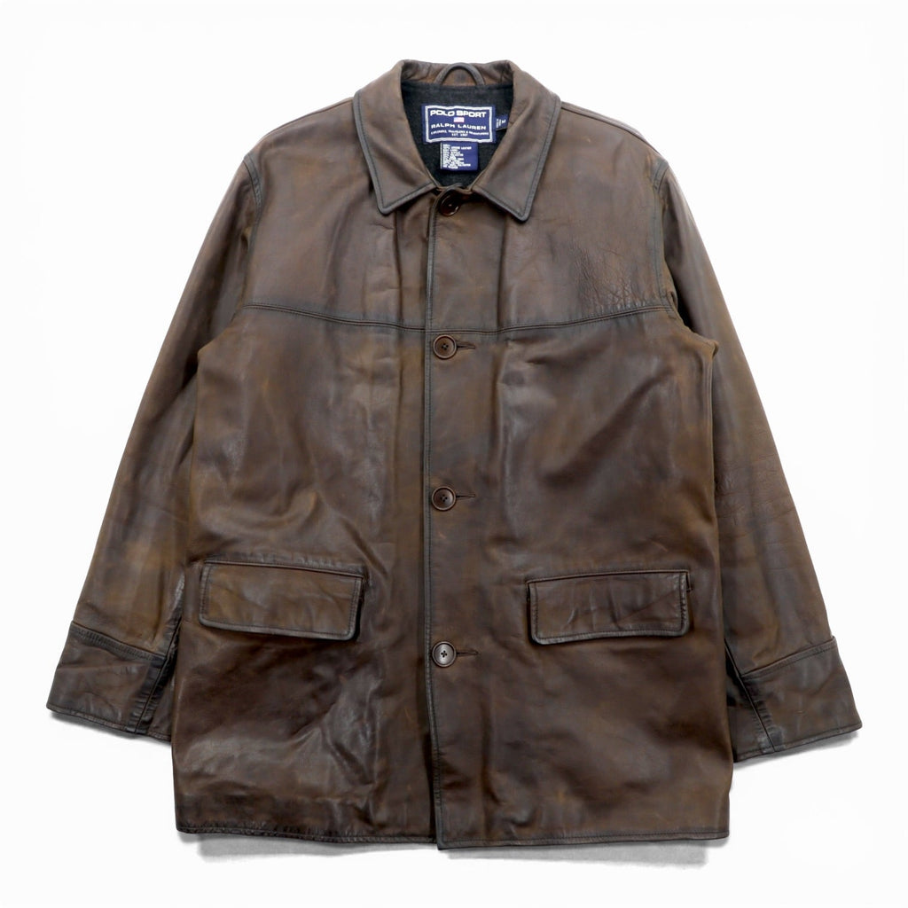 POLO SPORT RALPH LAUREN 90s Vintage Leather Jacket Aged Finish Car Coat M Brown Leather Genuine Leather Wool Lining