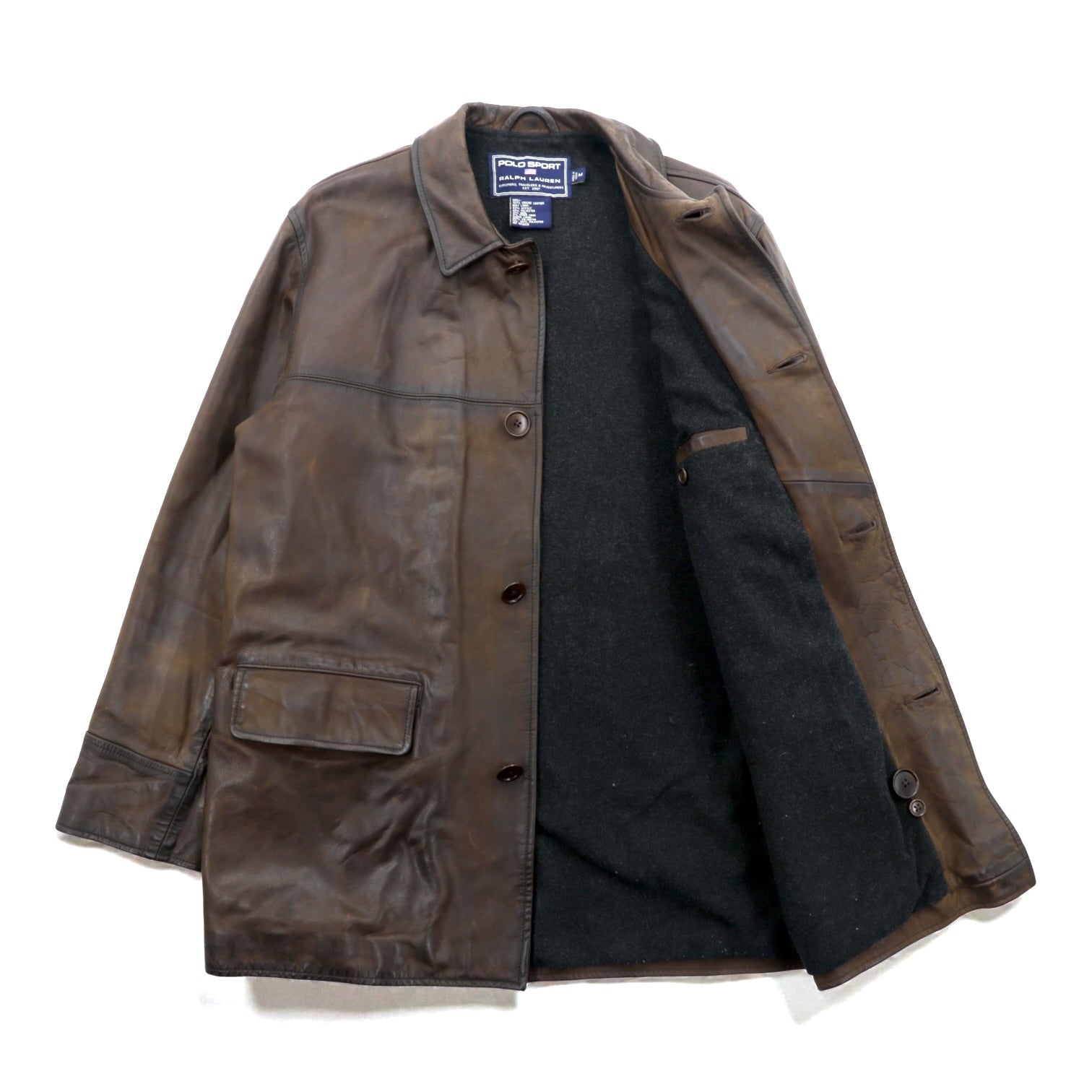 POLO SPORT RALPH LAUREN 90s Vintage Leather Jacket Aged Finish Car Coat M Brown Leather Genuine Leather Wool Lining