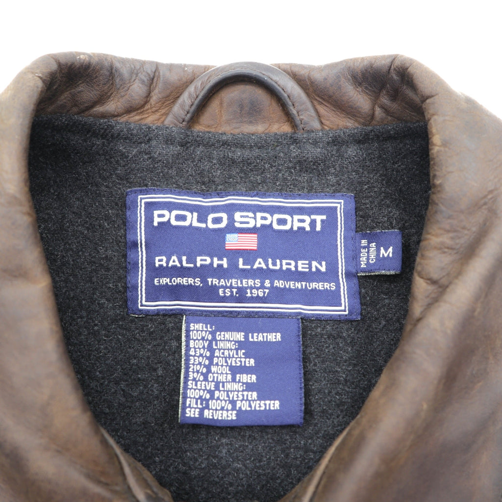 POLO SPORT RALPH LAUREN 90s Vintage Leather Jacket Aged Finish Car Coat M Brown Leather Genuine Leather Wool Lining