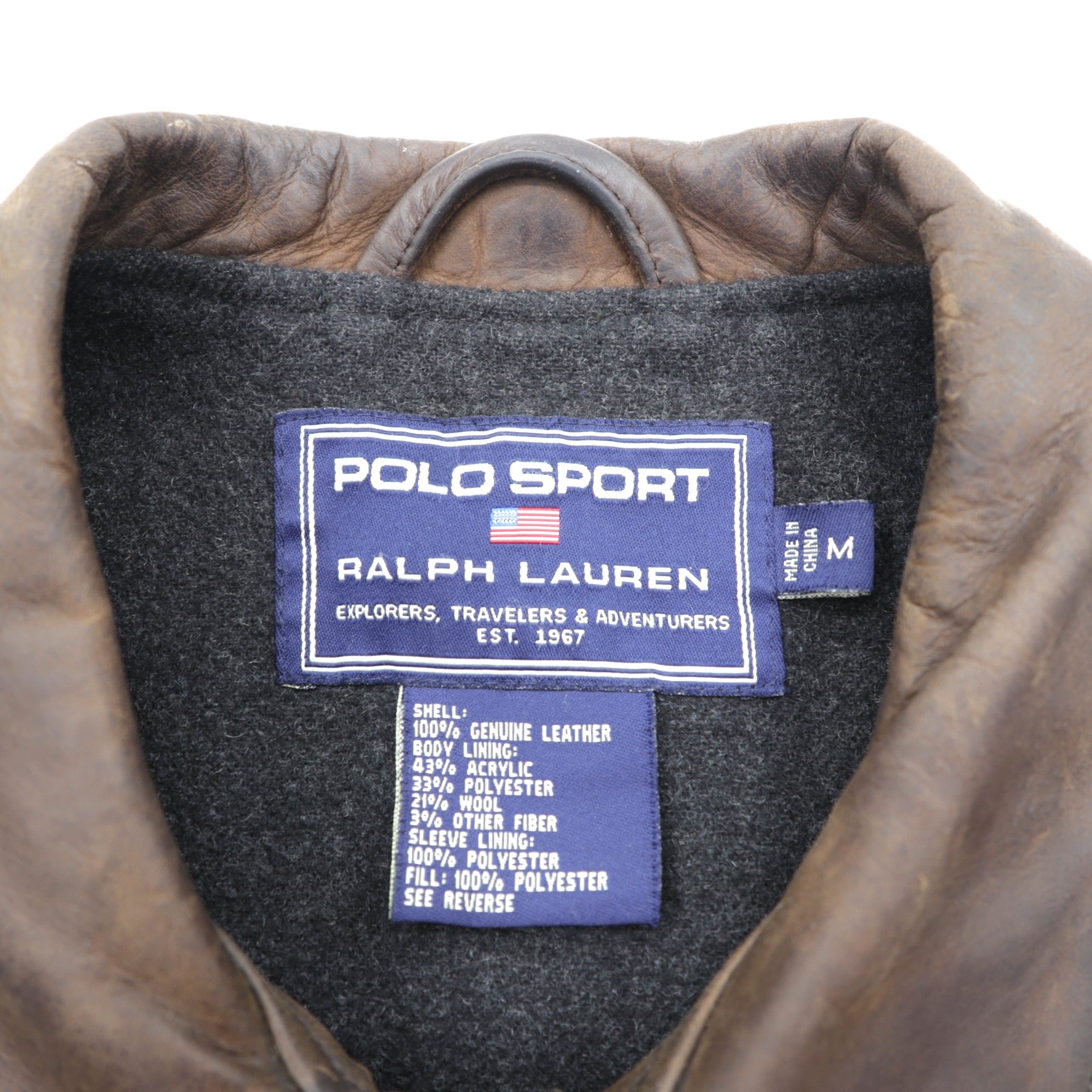 POLO SPORT RALPH LAUREN 90s Vintage Leather Jacket Aged Finish Car Coat M Brown Leather Genuine Leather Wool Lining