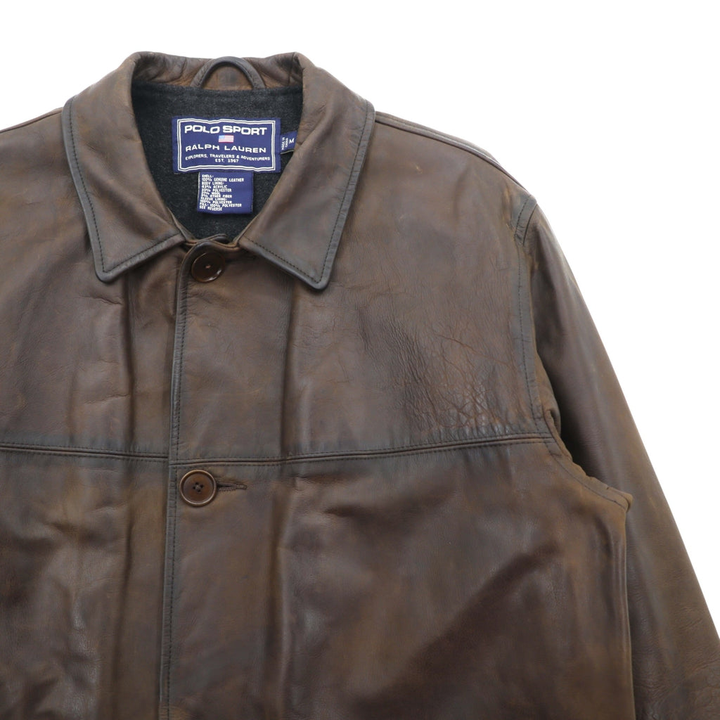 POLO SPORT RALPH LAUREN 90s Vintage Leather Jacket Aged Finish Car Coat M Brown Leather Genuine Leather Wool Lining