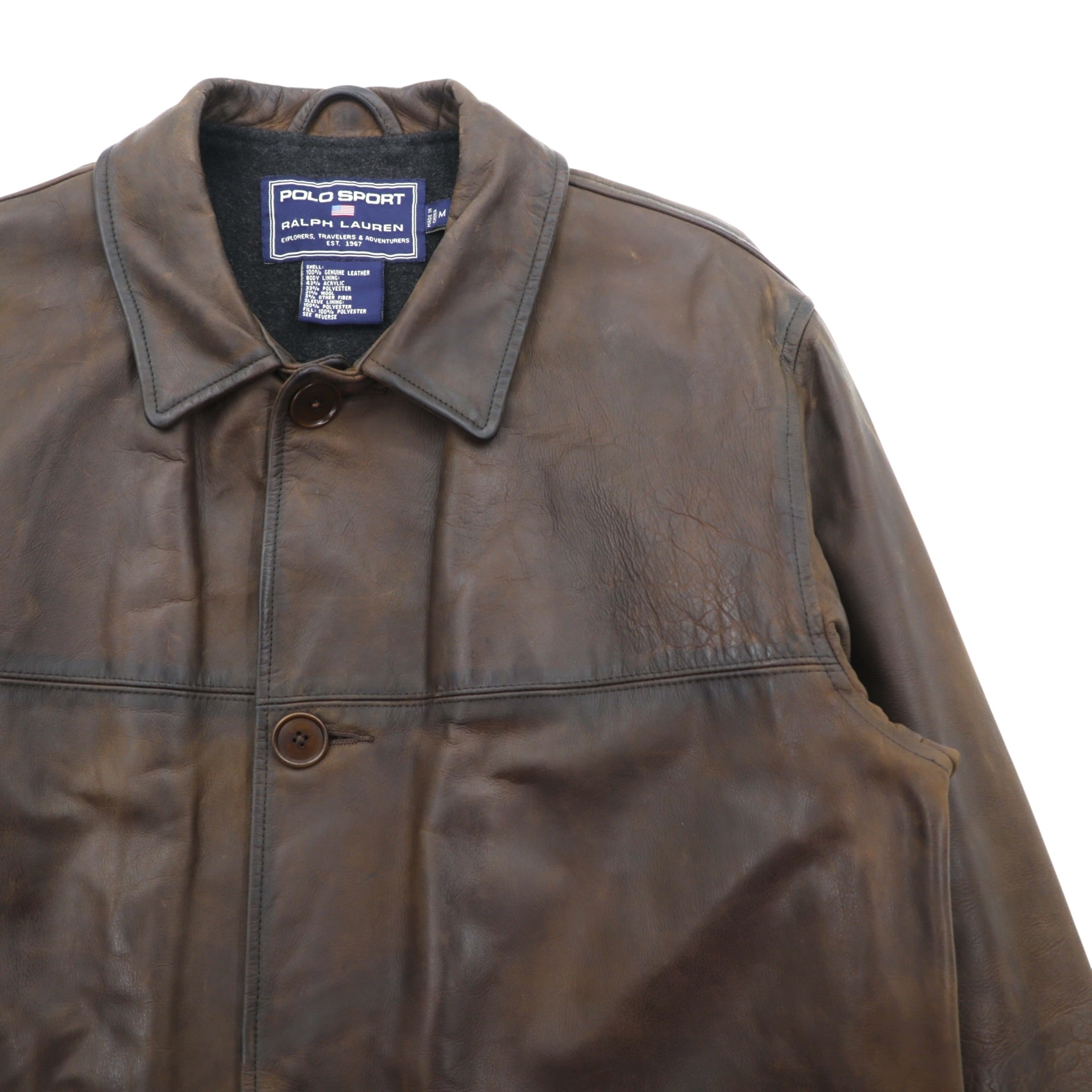 POLO SPORT RALPH LAUREN 90s Vintage Leather Jacket Aged Finish Car Coat M Brown Leather Genuine Leather Wool Lining