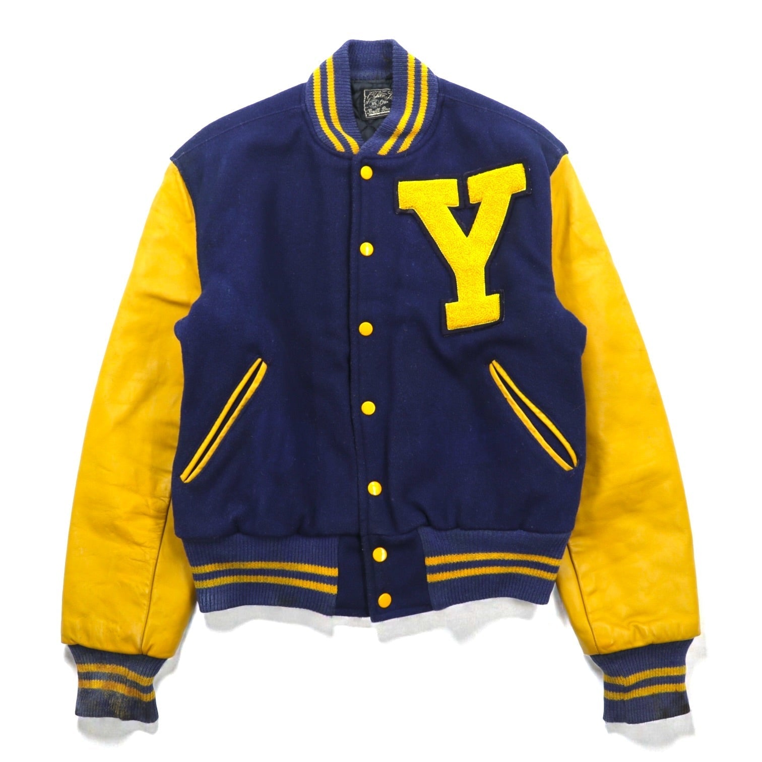 Brill Bros 80s USA Vintage Stadium Jacket M Wool Leather Sleeve Trim Lettered Patch Golden Thread