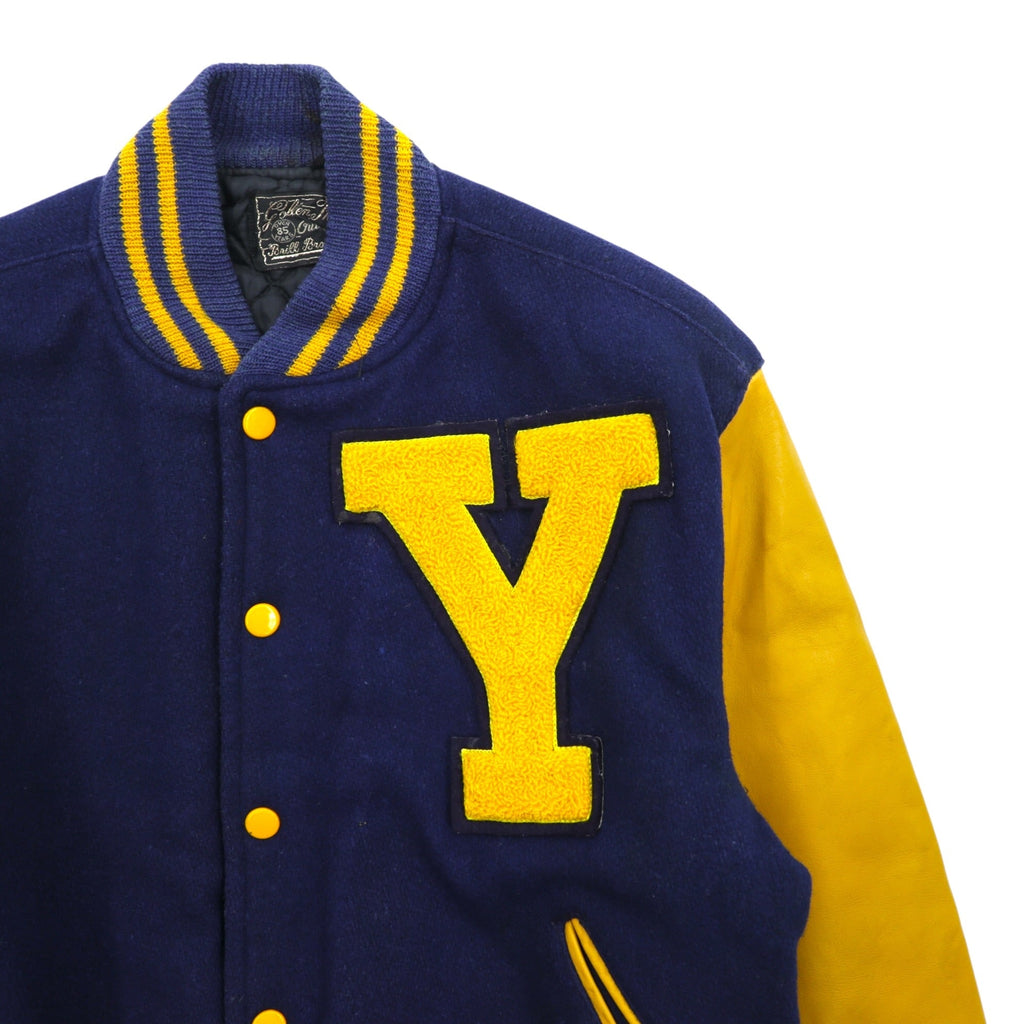 Brill Bros 80s USA Vintage Stadium Jacket M Wool Leather Sleeve Trim Lettered Patch Golden Thread