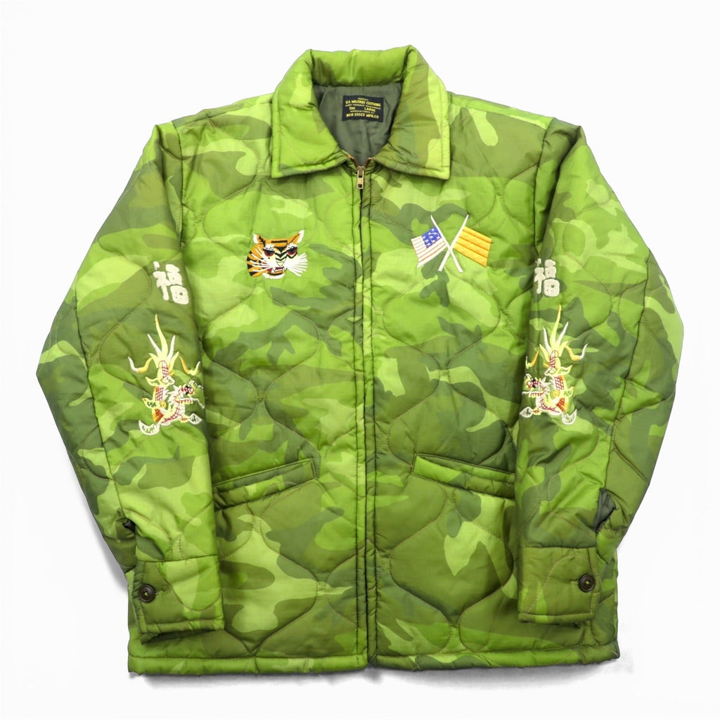NON STOCK MFG Vietnam Jacket Souvenir Jacket L Ripstop Nylon Padded Replica 70s Reproduction Camouflage Quilting Tiger Dragon Fuku