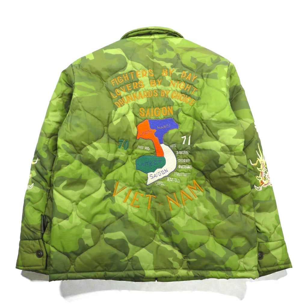 NON STOCK MFG Vietnam Jacket Souvenir Jacket L Ripstop Nylon Padded Replica 70s Reproduction Camouflage Quilting Tiger Dragon Fuku