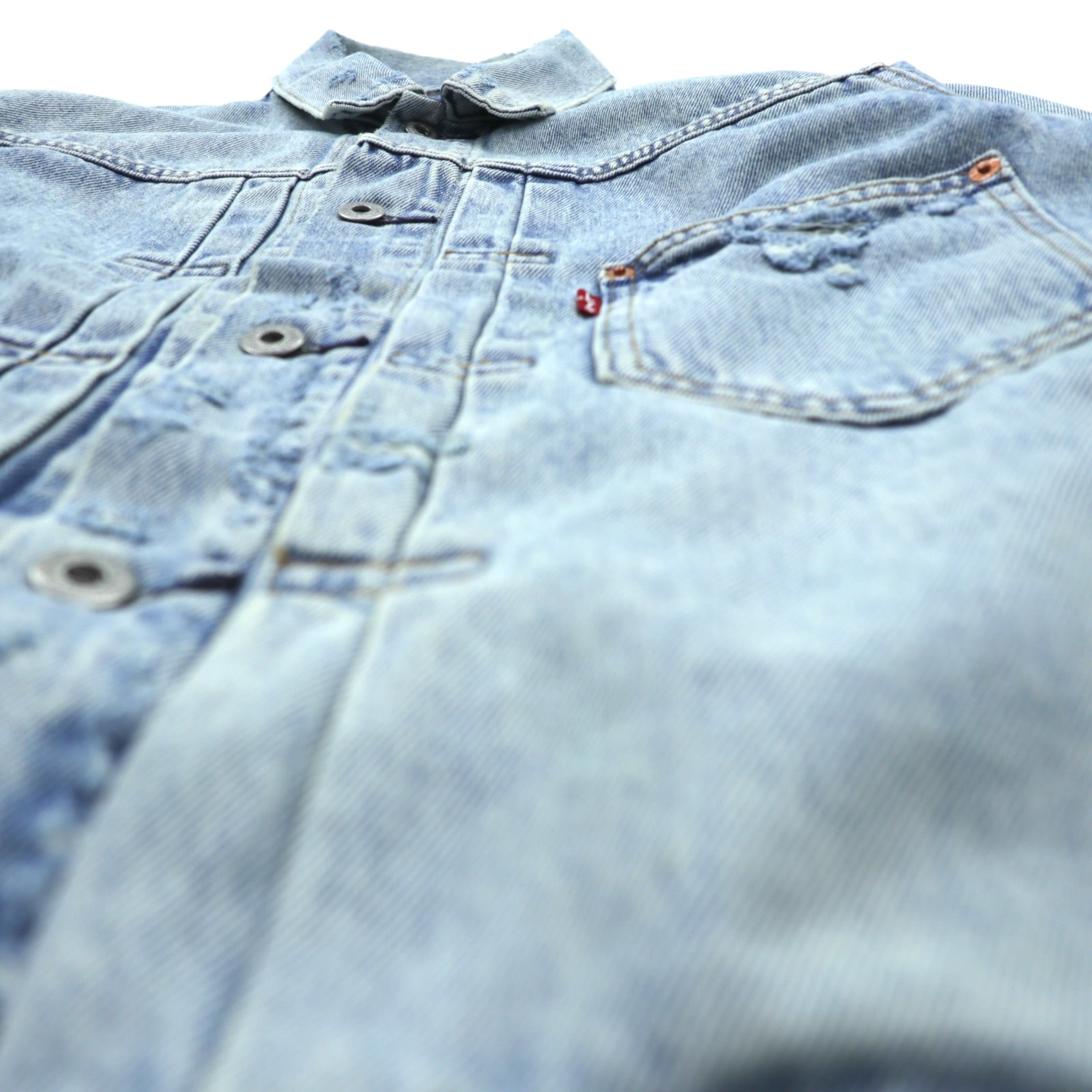 Levi's 1st Type War Model Big E Denim Jacket Gジャン S Big Size Cinch Back TYPE 1 A3174-0006 LIGHT WASH Distressed Double Pleat Relaxed Fit Leather Patch