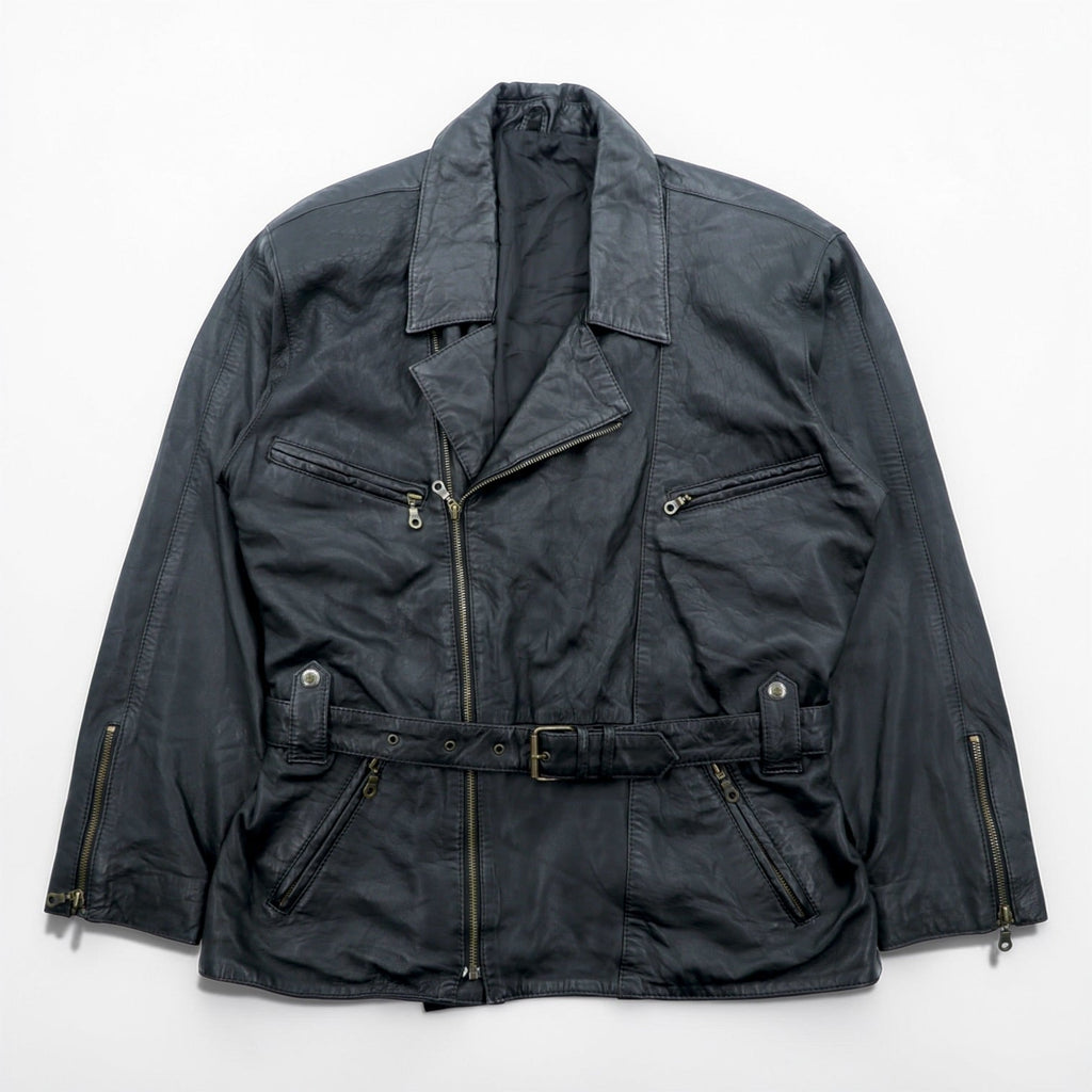 MADDOX 90年代 ユーロヴィンテージ ナッパレザー ロング ダブルライダースジャケット XL ブラック コート ウエストベルト