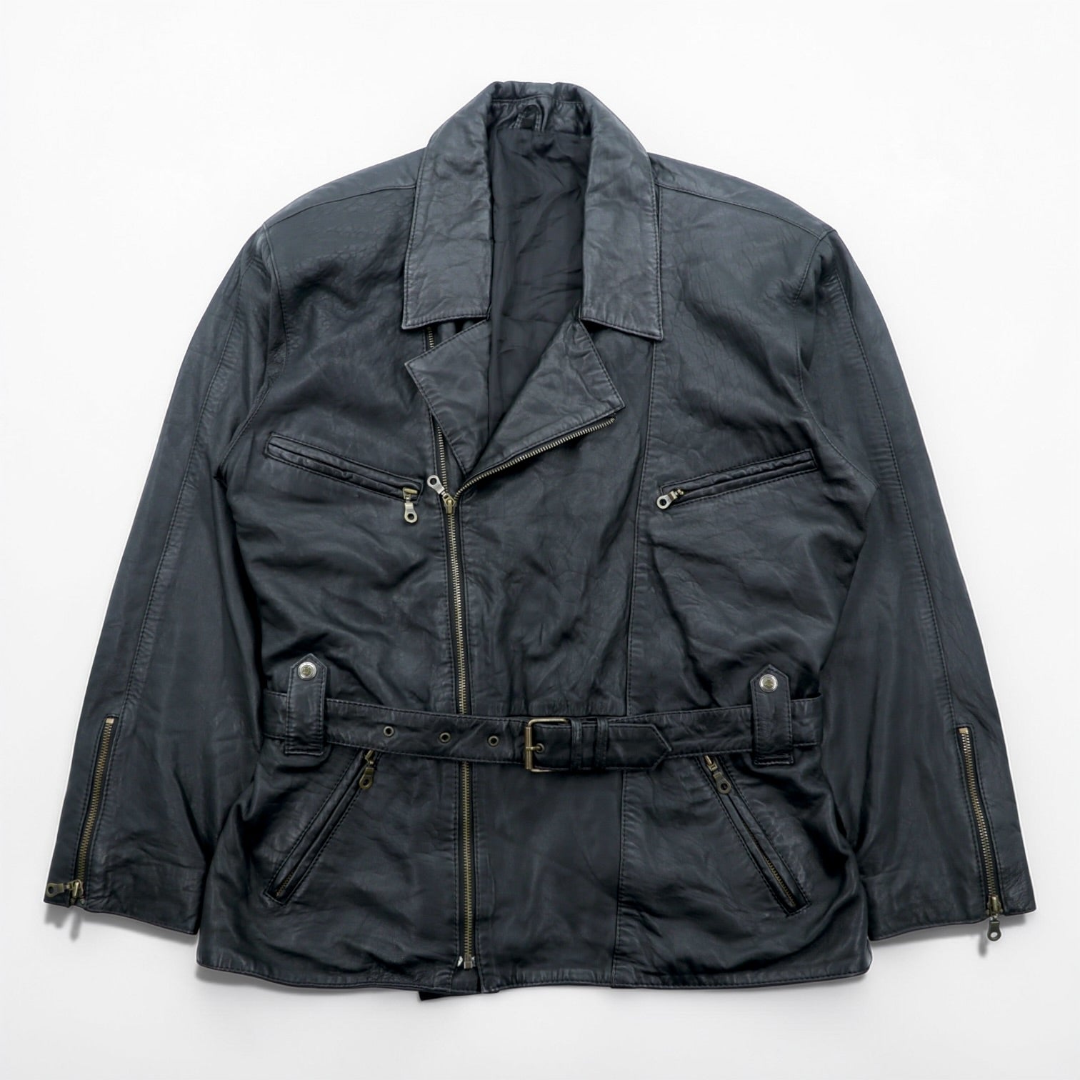 MADDOX 90年代 ユーロヴィンテージ ナッパレザー ロング ダブルライダースジャケット XL ブラック コート ウエストベルト