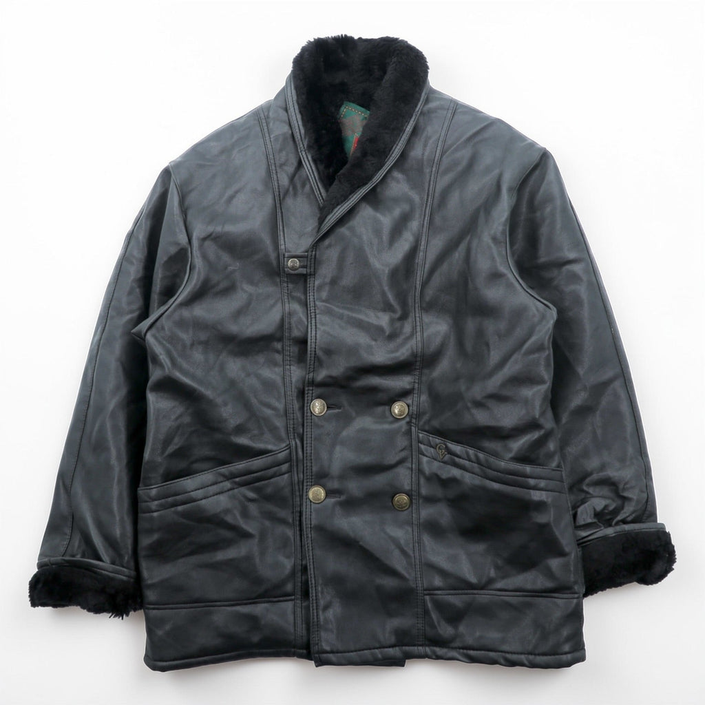 T. SHEALING 80s Italian Euro Vintage Shawl Collar Shearling Coat L Black Boa Lining