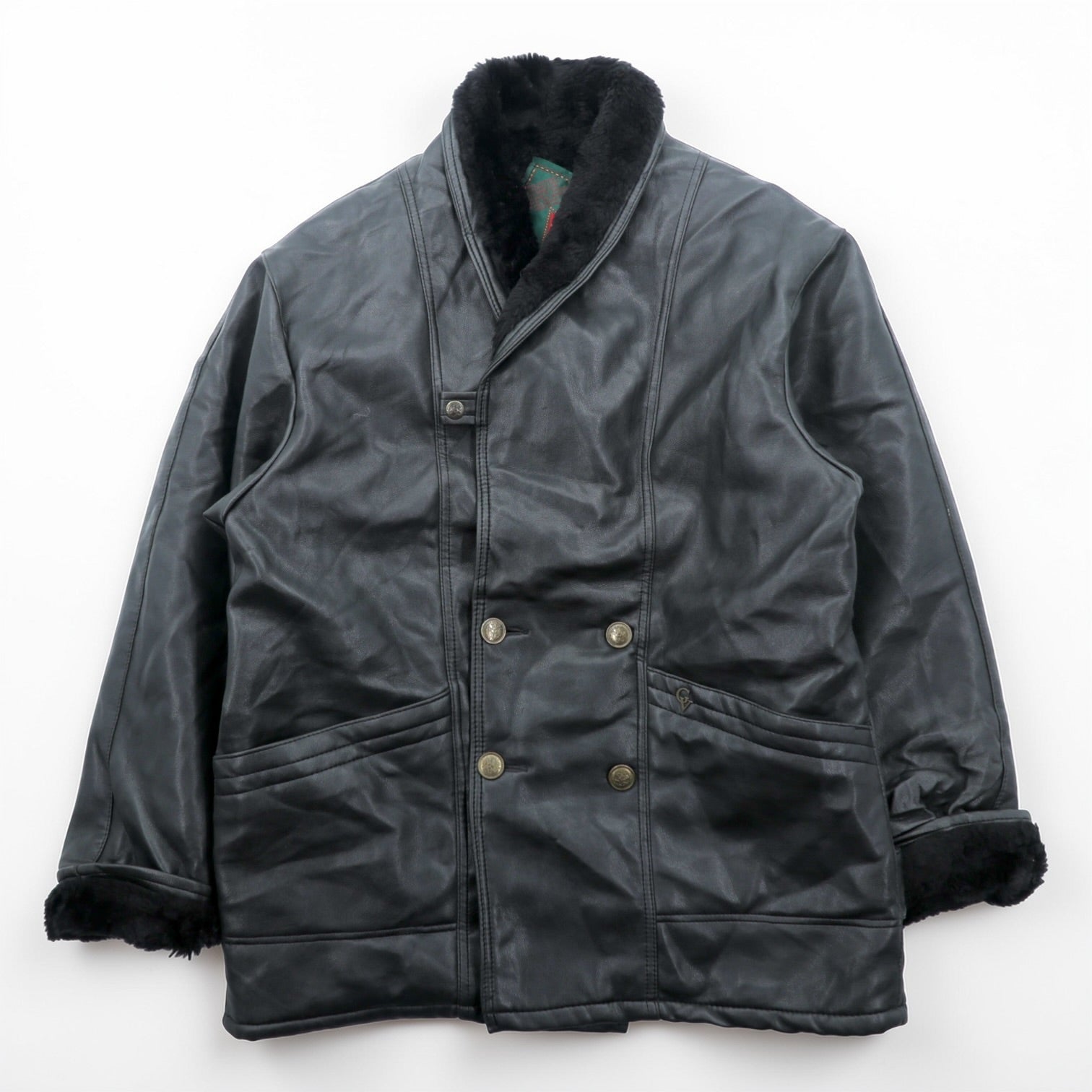 T. SHEALING 80s Italian Euro Vintage Shawl Collar Shearling Coat L Black Boa Lining
