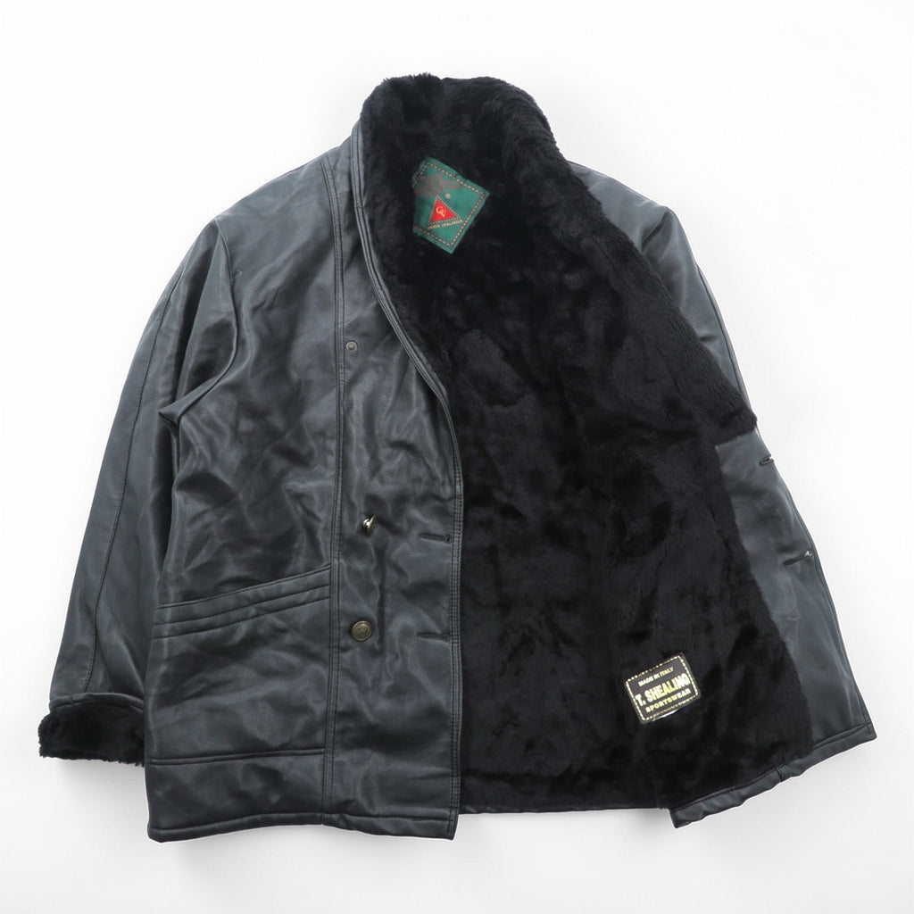 T. SHEALING 80s Italian Euro Vintage Shawl Collar Shearling Coat L Black Boa Lining