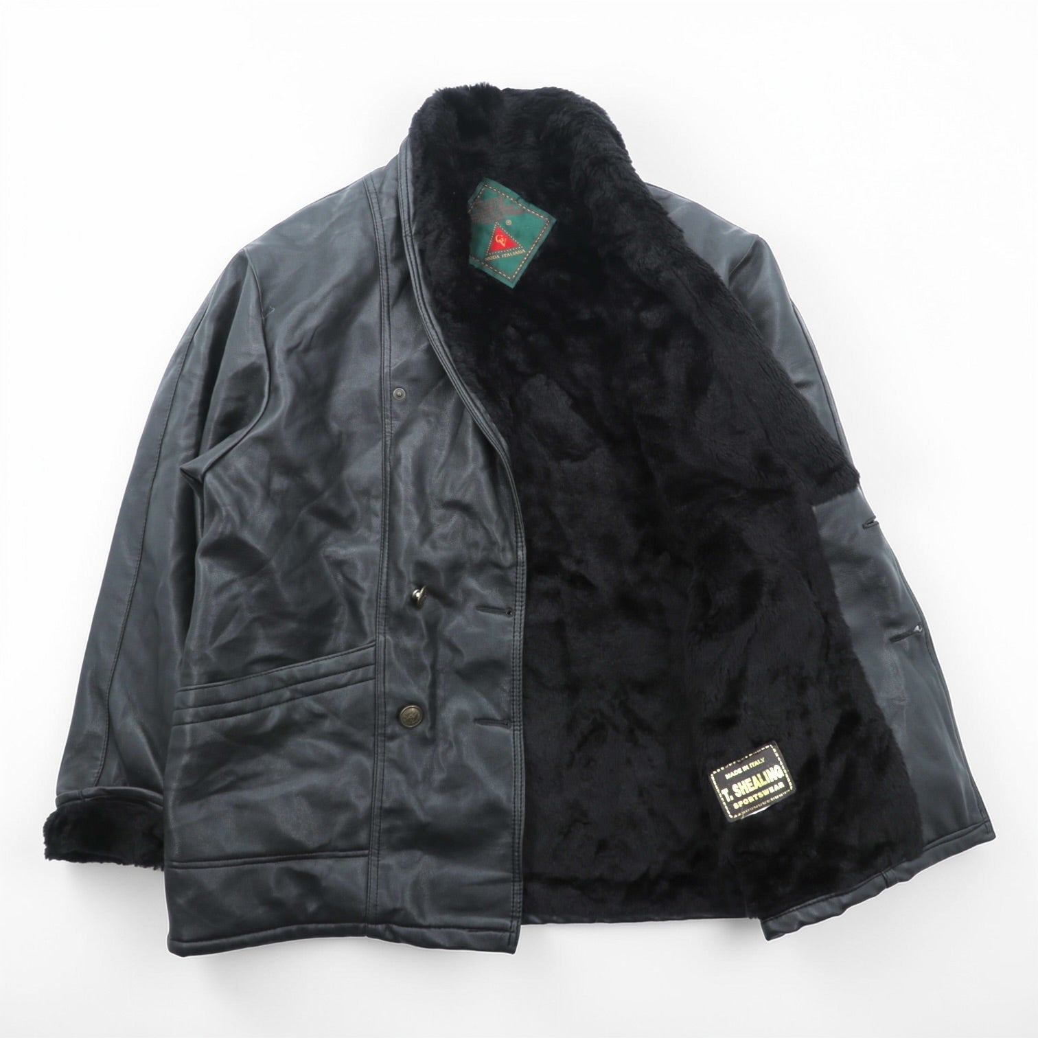 T. SHEALING 80s Italian Euro Vintage Shawl Collar Shearling Coat L Black Boa Lining