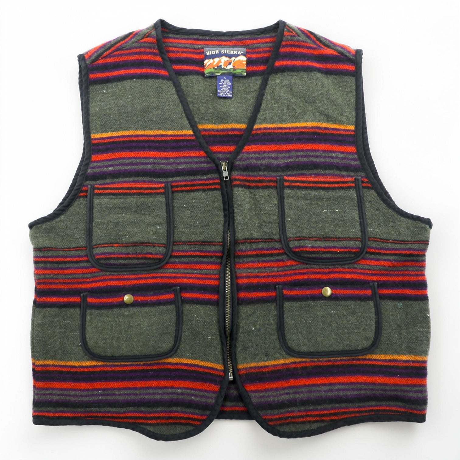 HIGH SIERRA 90s Vintage Tweed Zip-Up Vest L Striped Multicolor Wool Outdoor 4 Pockets