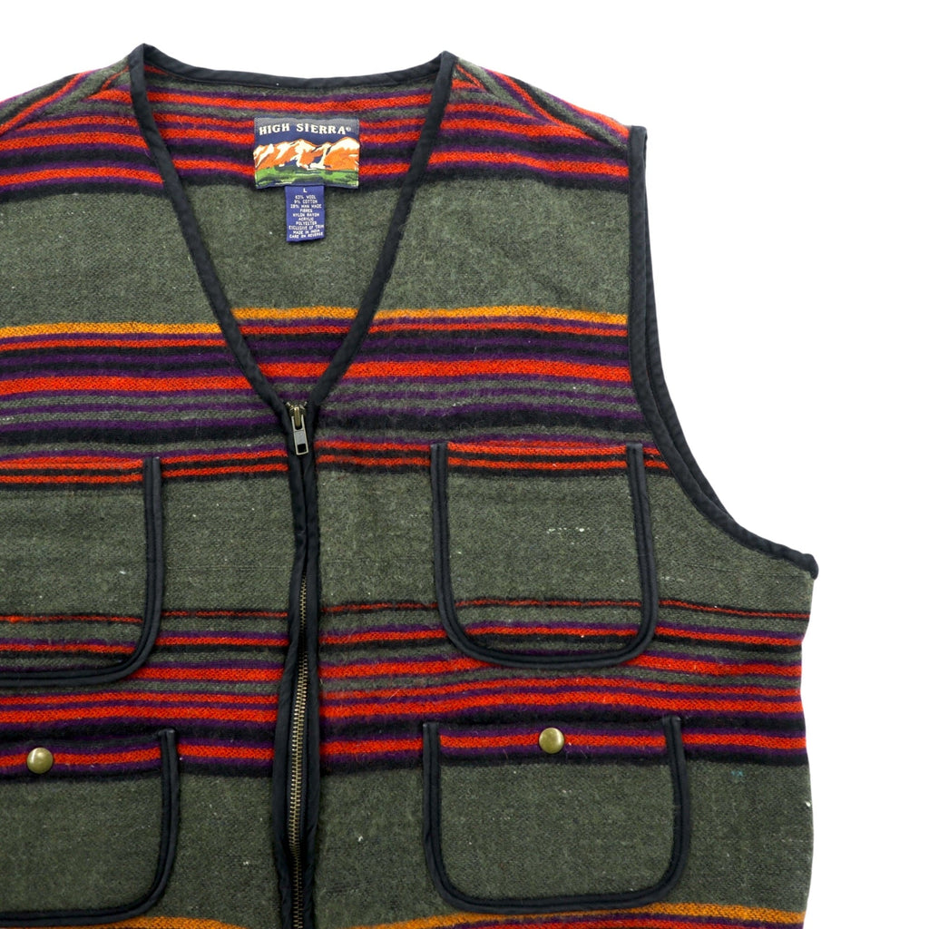 HIGH SIERRA 90s Vintage Tweed Zip-Up Vest L Striped Multicolor Wool Outdoor 4 Pockets