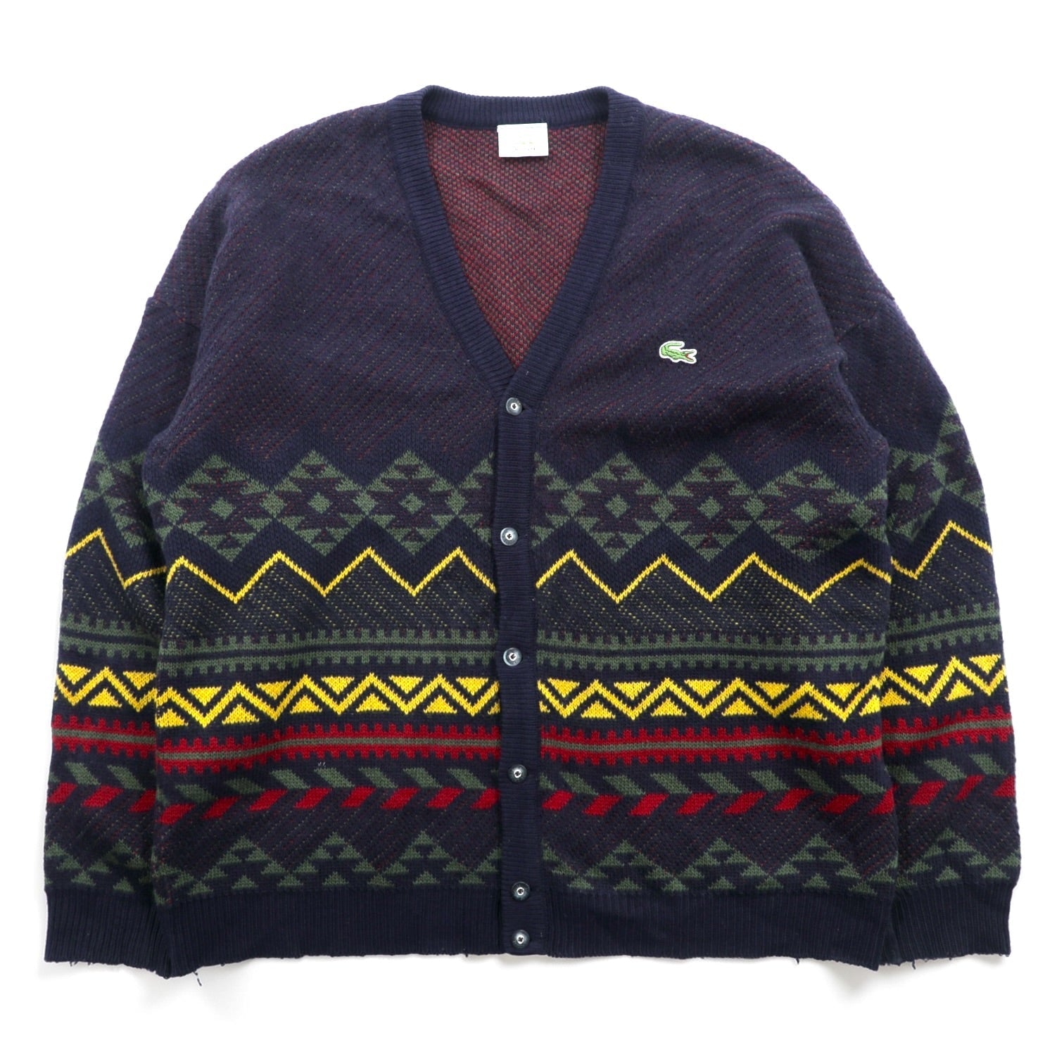 LACOSTE 80s French-made Vintage Knit Cardigan L French Lacoste Fair Isle Pattern
