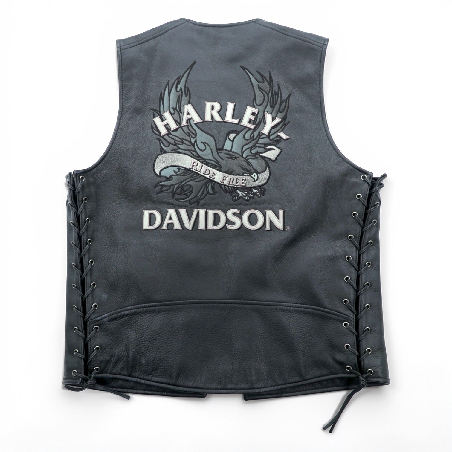HARLEY DAVIDSON Chain Front Leather Vest M Black Chain Buttons Lace-up Embroidery Biker