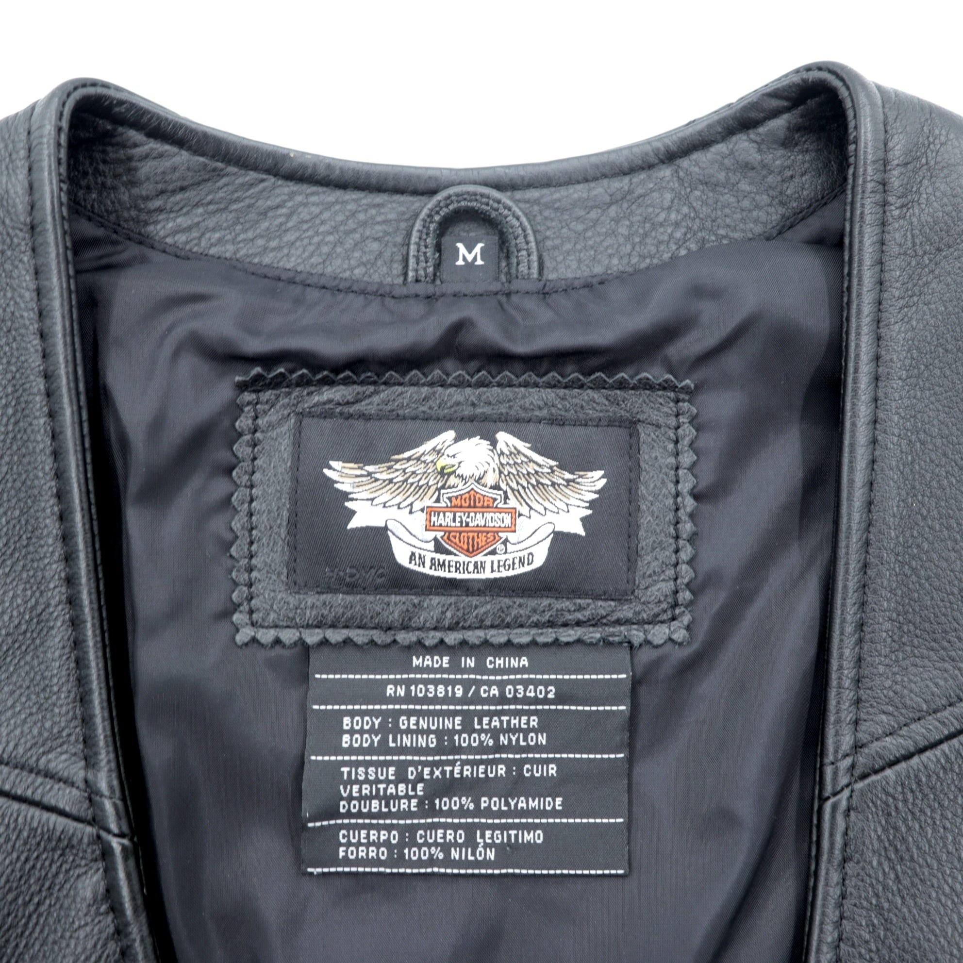 HARLEY DAVIDSON Chain Front Leather Vest M Black Chain Buttons Lace-up Embroidery Biker
