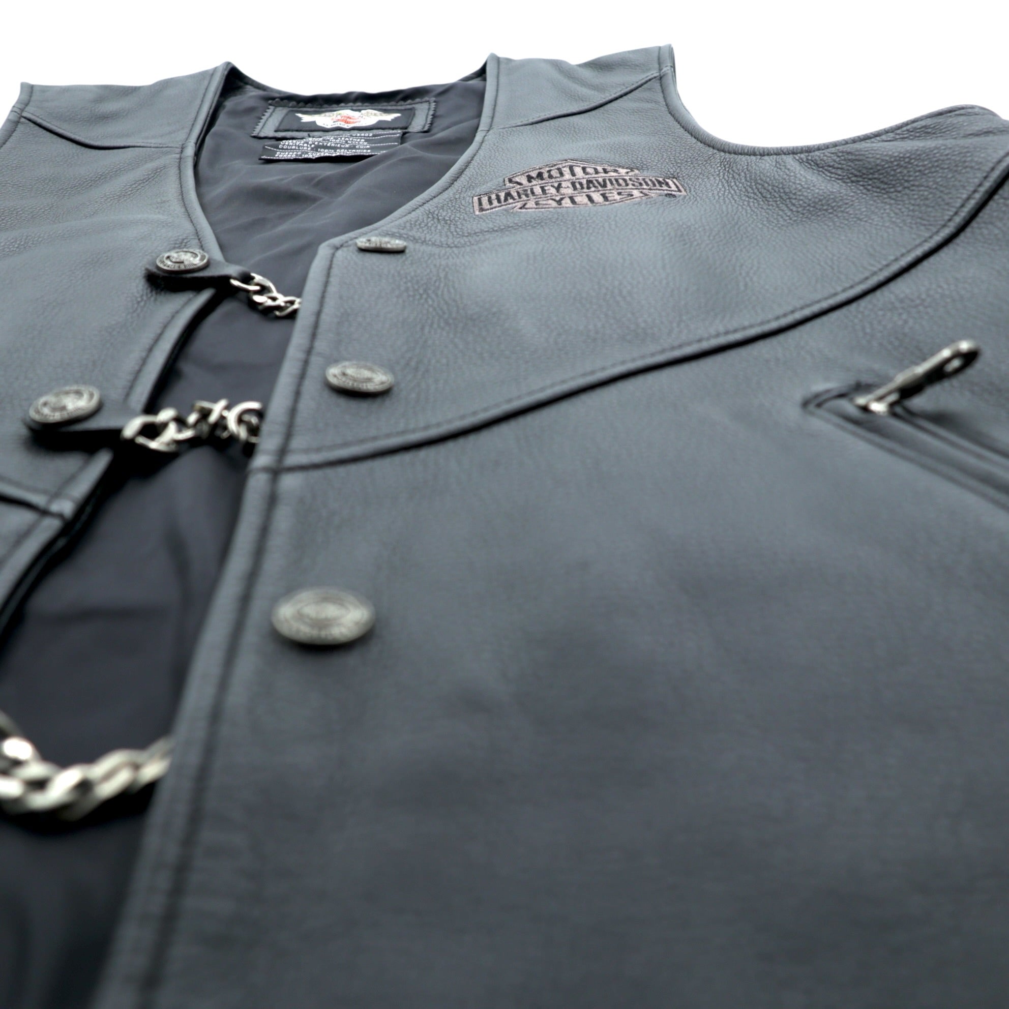 HARLEY DAVIDSON Chain Front Leather Vest M Black Chain Buttons Lace-up Embroidery Biker
