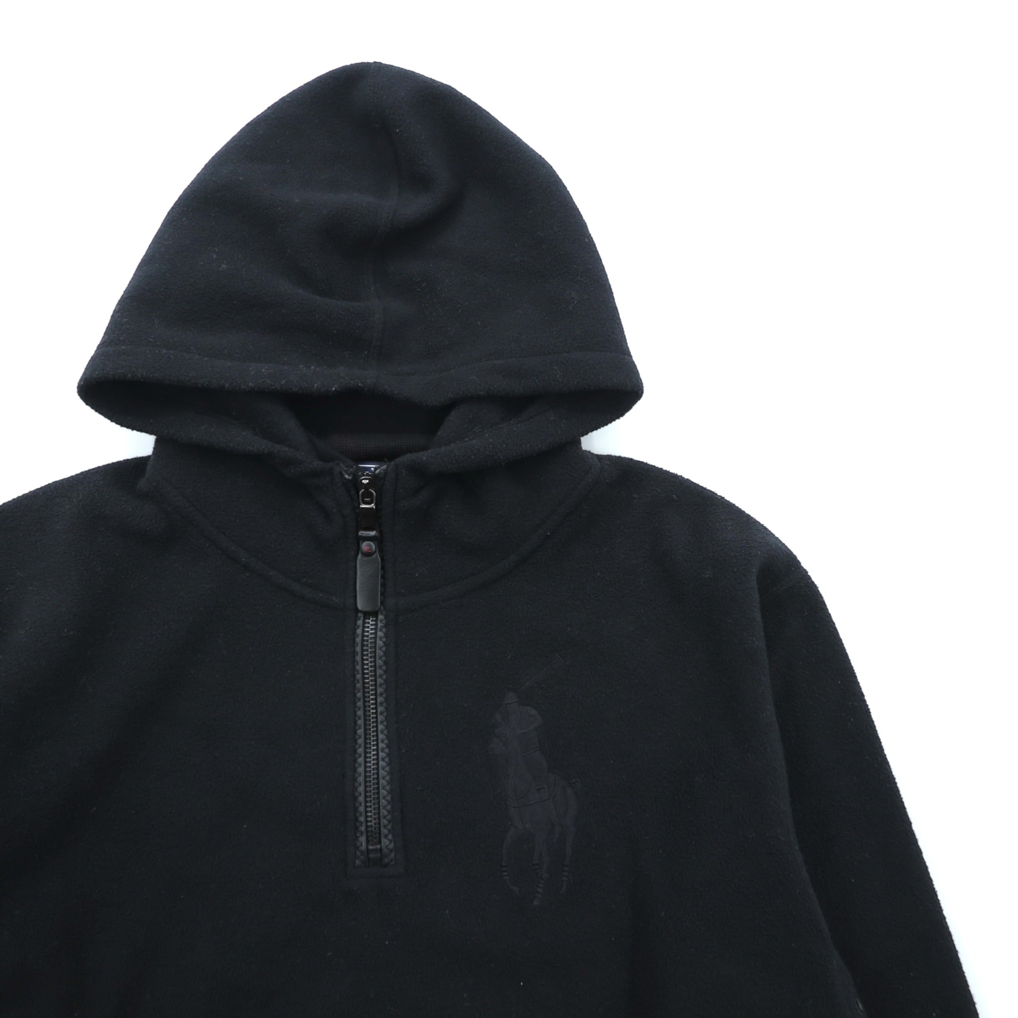Polo Ralph Lauren 90年代 ビッグポニー刺繍 ハーフジップ フリース パーカー S ブラック 短丈 プルオーバー フロント カンガルーポケット