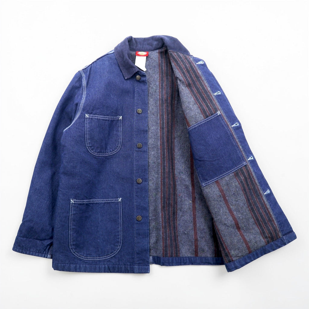 Dickies 90s Denim Chore Coat Coverall Work Jacket L Indigo Corduroy Collar Blanket Lined 3494NB