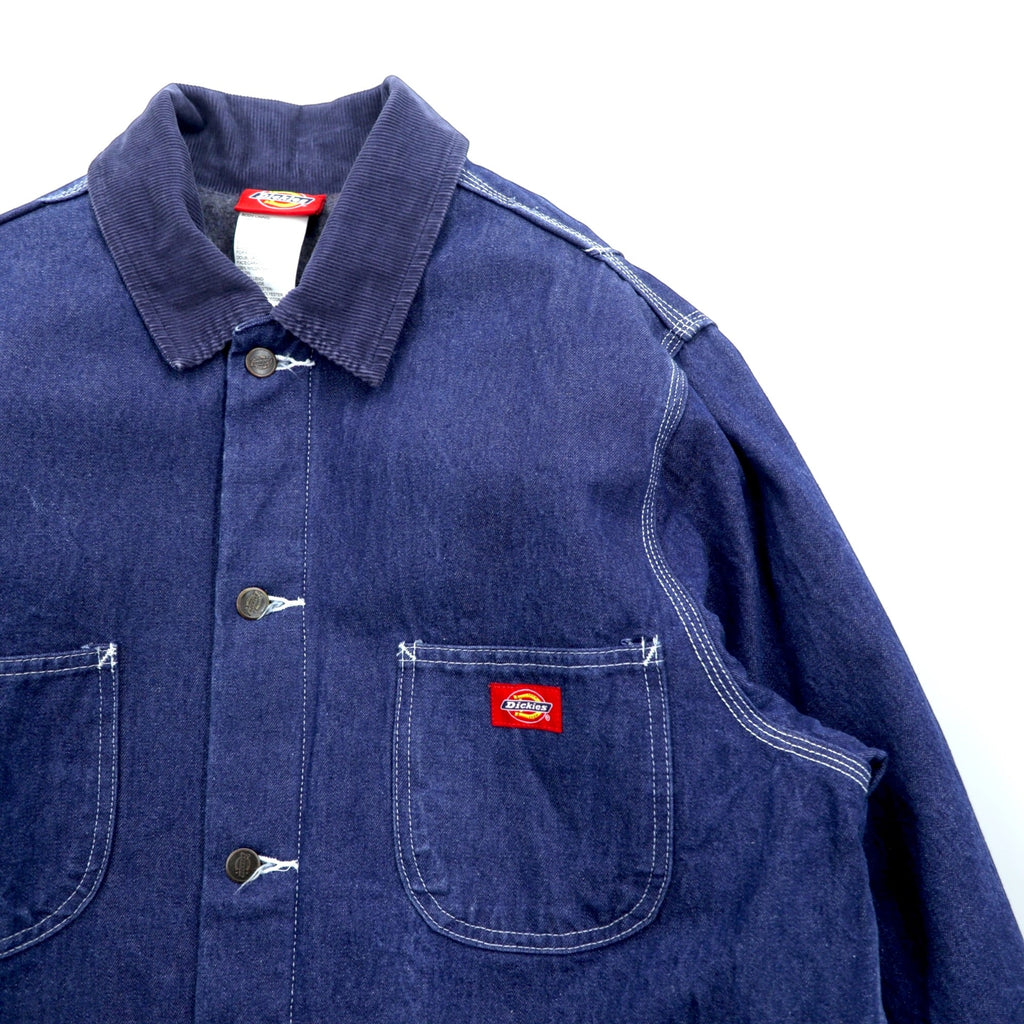 Dickies 90s Denim Chore Coat Coverall Work Jacket L Indigo Corduroy Collar Blanket Lined 3494NB