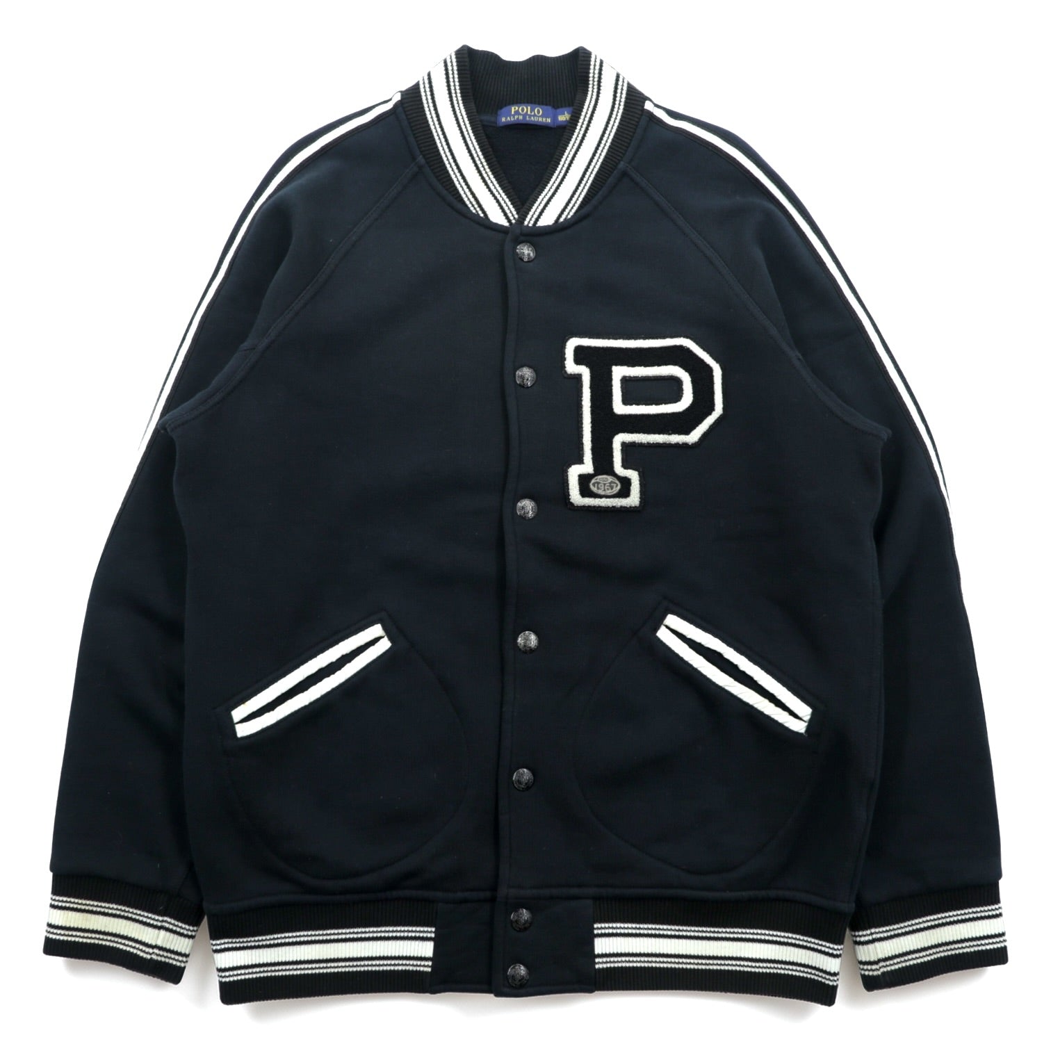 Polo Ralph Lauren Lettered Stadium Jacket Sweatshirt L Black Patch P Ribbed Line