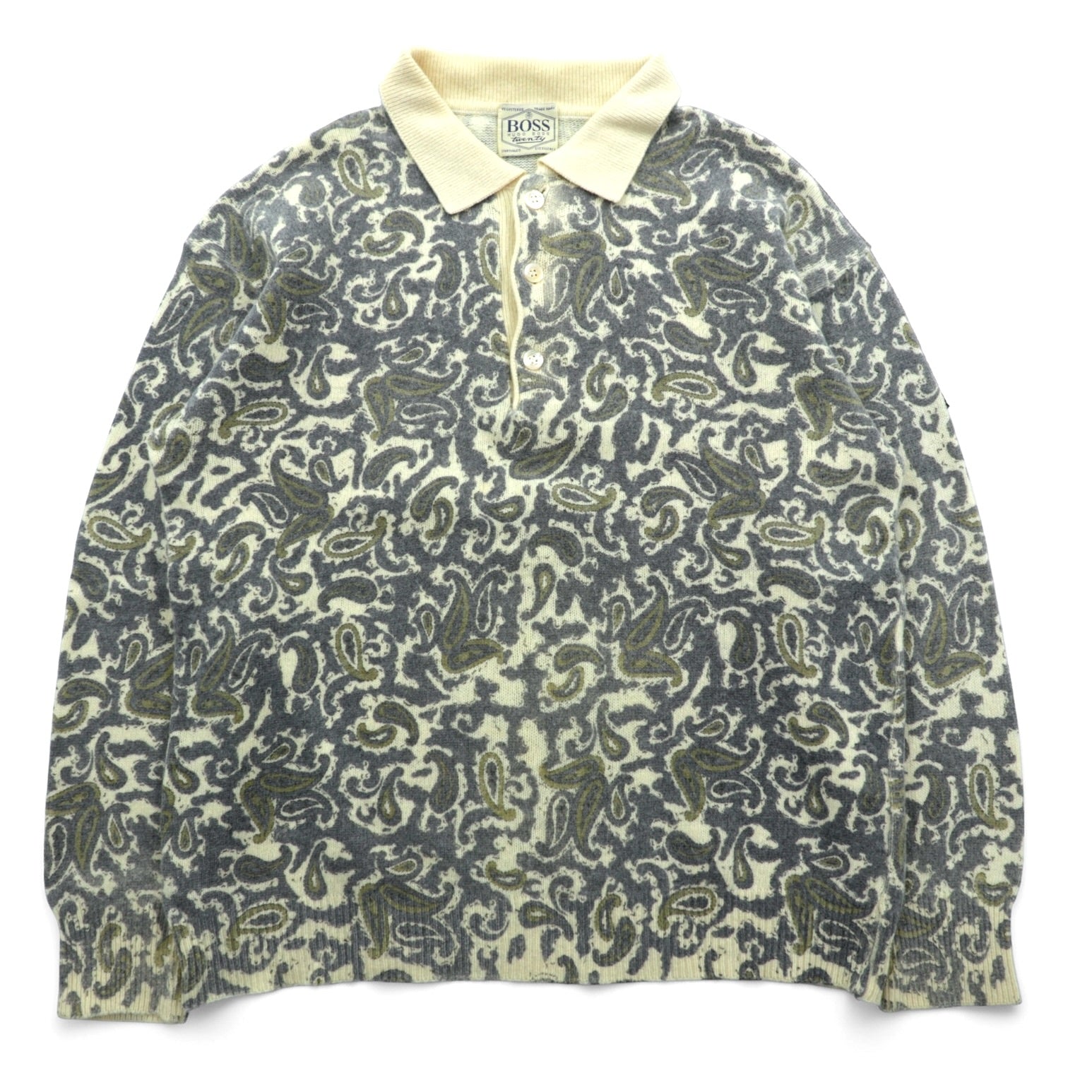 HUGO BOSS 90s Vintage Polo Knit Sweater XL Beige All-over Paisley