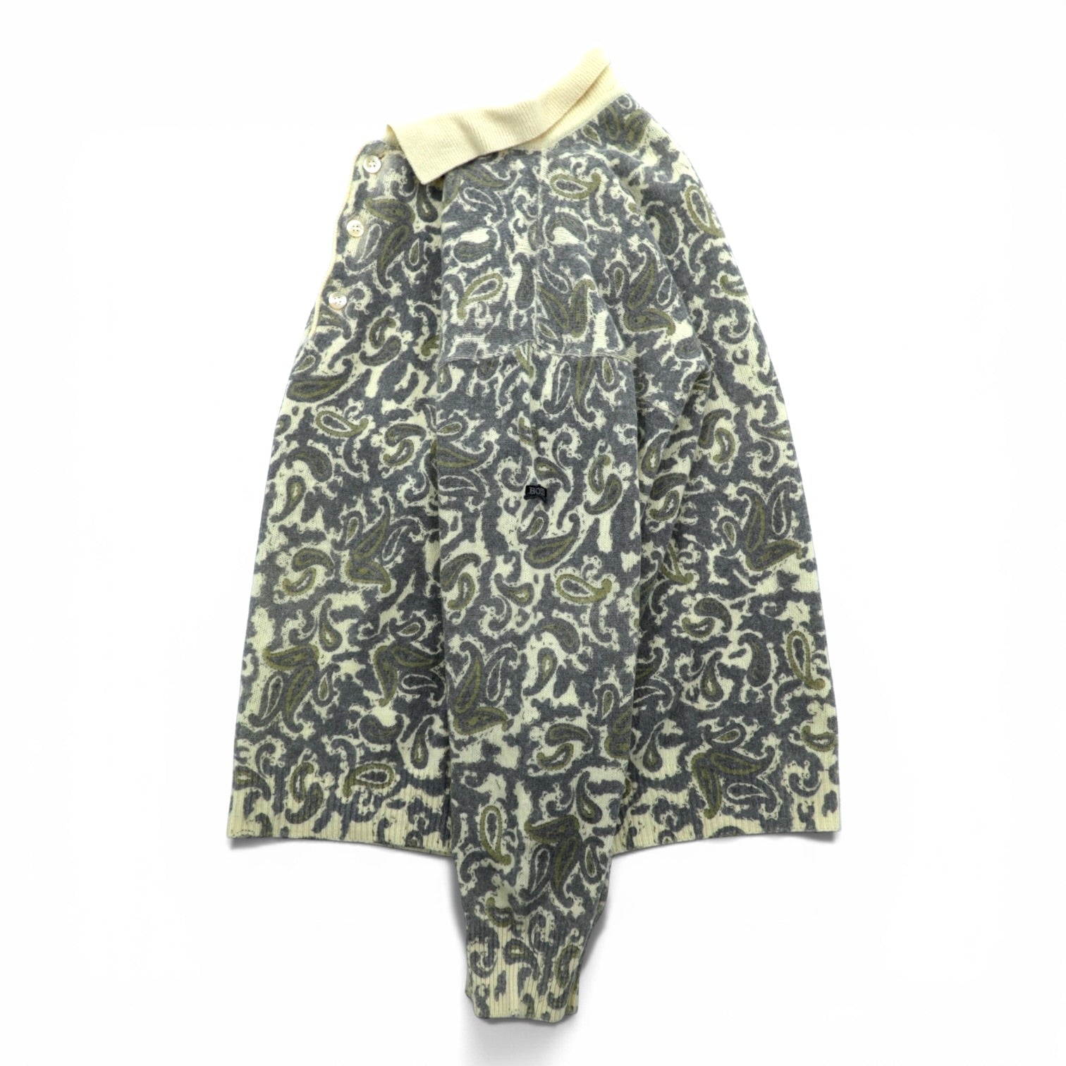 HUGO BOSS 90s Vintage Polo Knit Sweater XL Beige All-over Paisley