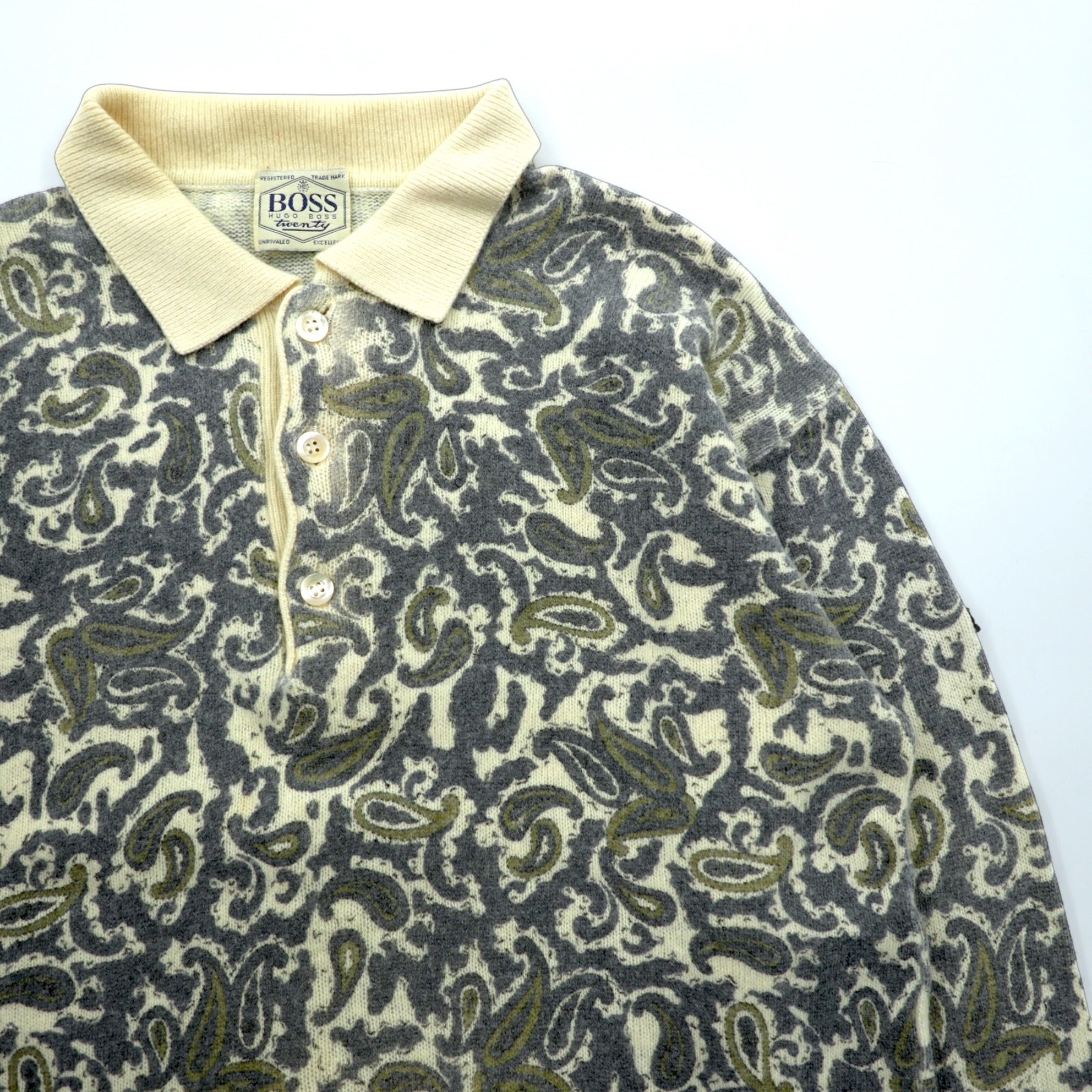 HUGO BOSS 90s Vintage Polo Knit Sweater XL Beige All-over Paisley