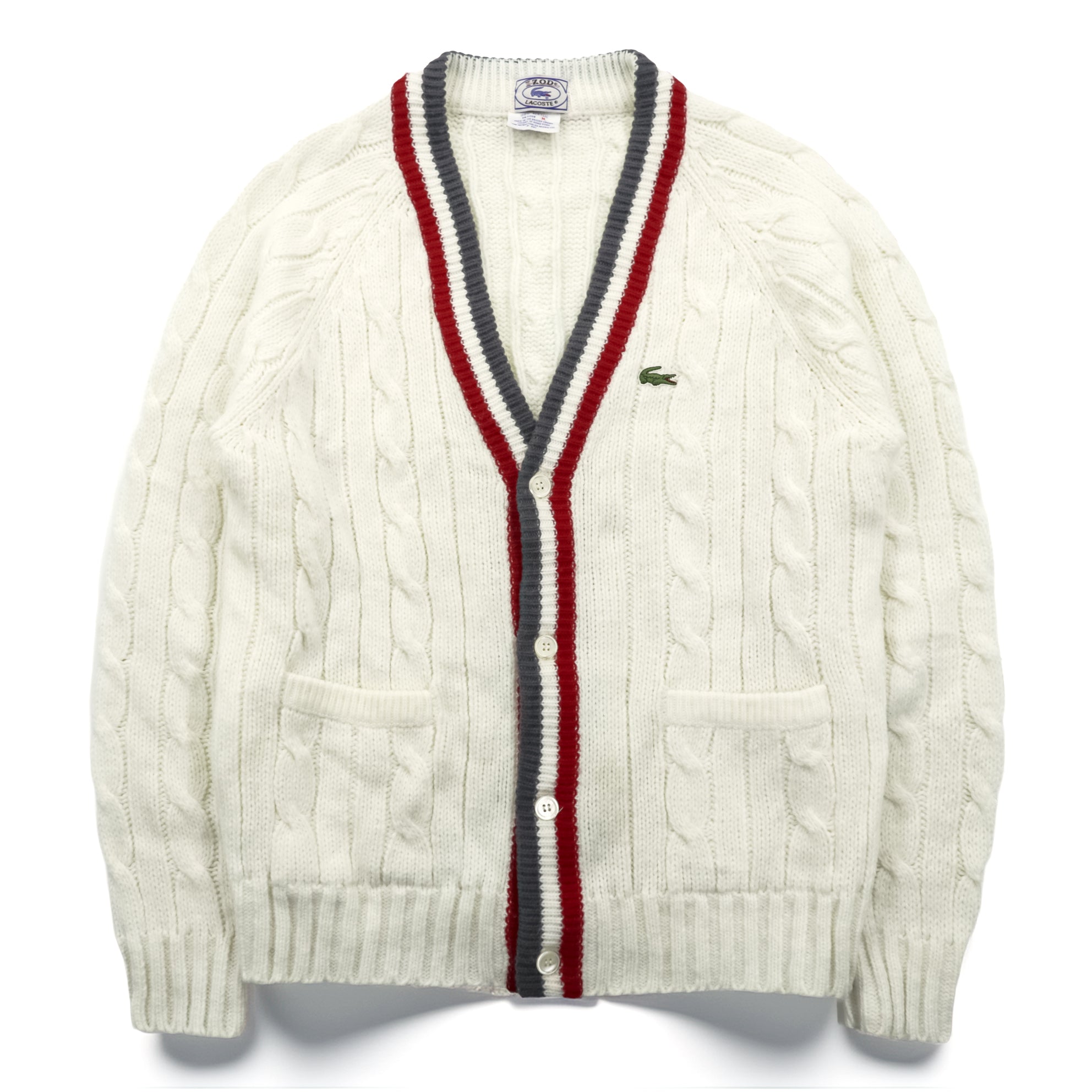 IZOD LACOSTE 70年代 ヴィンテージ ニット カーディガン M ホワイト 糸巻タグ トリコロール
