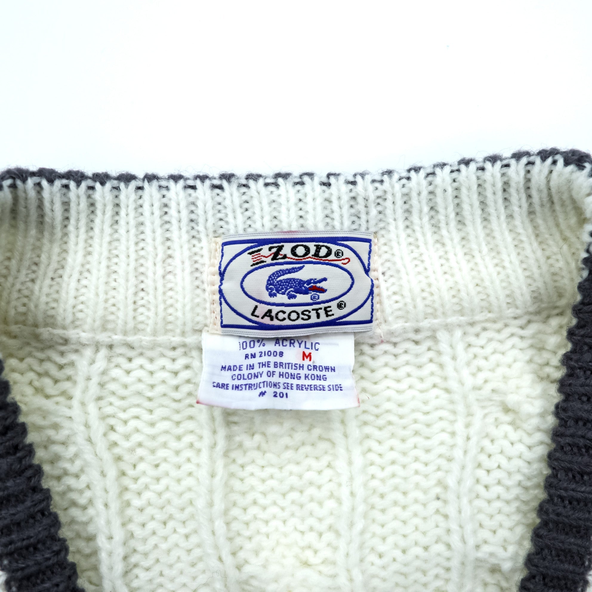 IZOD LACOSTE 70年代 ヴィンテージ ニット カーディガン M ホワイト 糸巻タグ トリコロール
