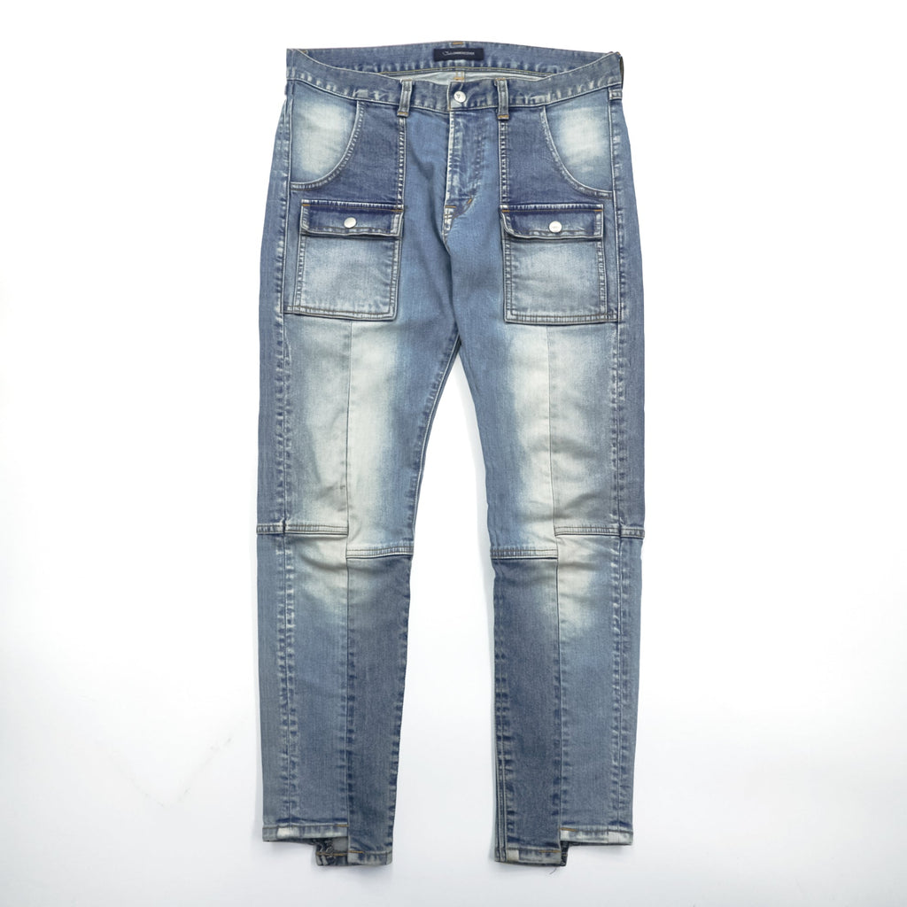 John UNDERCOVER Denim Pants Jeans Bush Pants M Indigo Stretch Cargo Pockets Paneled Remake Reconstructed JUQ4501-1 Made in Japan
