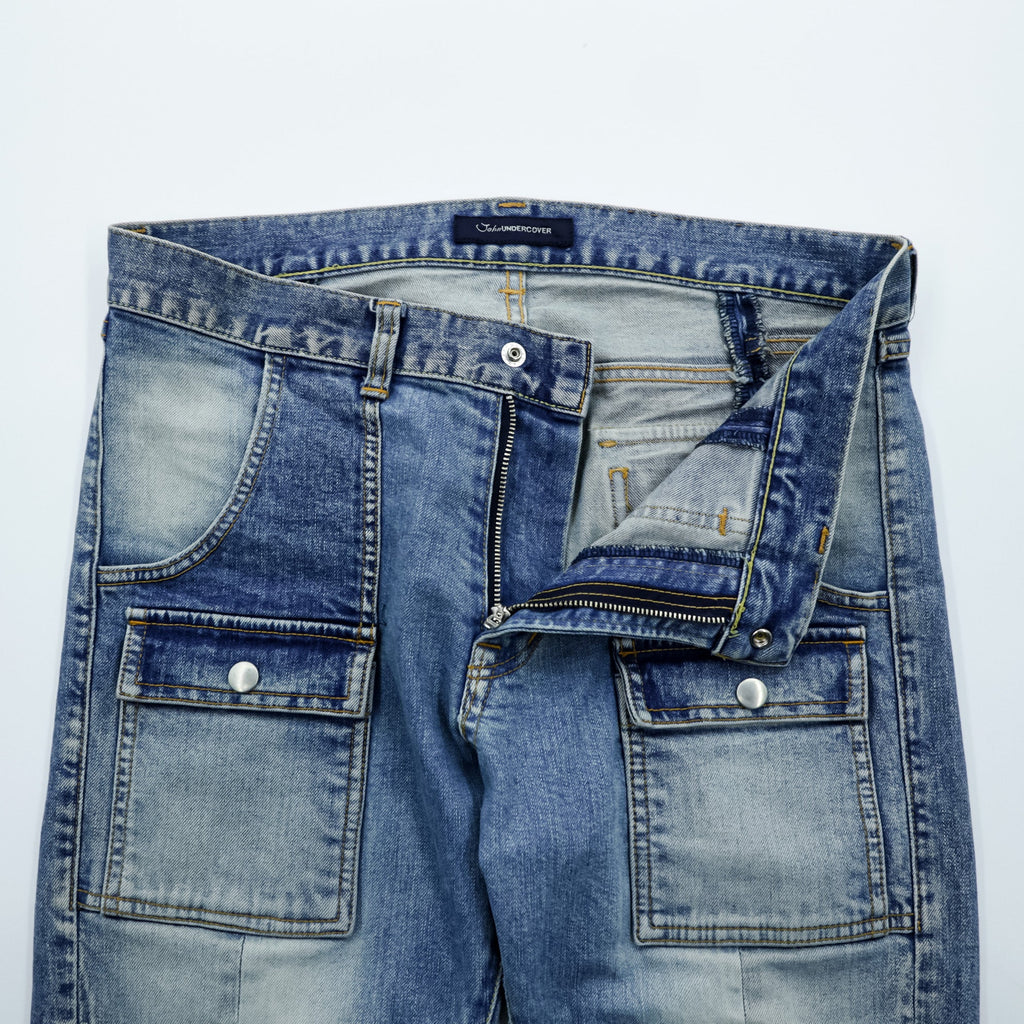 John UNDERCOVER Denim Pants Jeans Bush Pants M Indigo Stretch Cargo Pockets Paneled Remake Reconstructed JUQ4501-1 Made in Japan