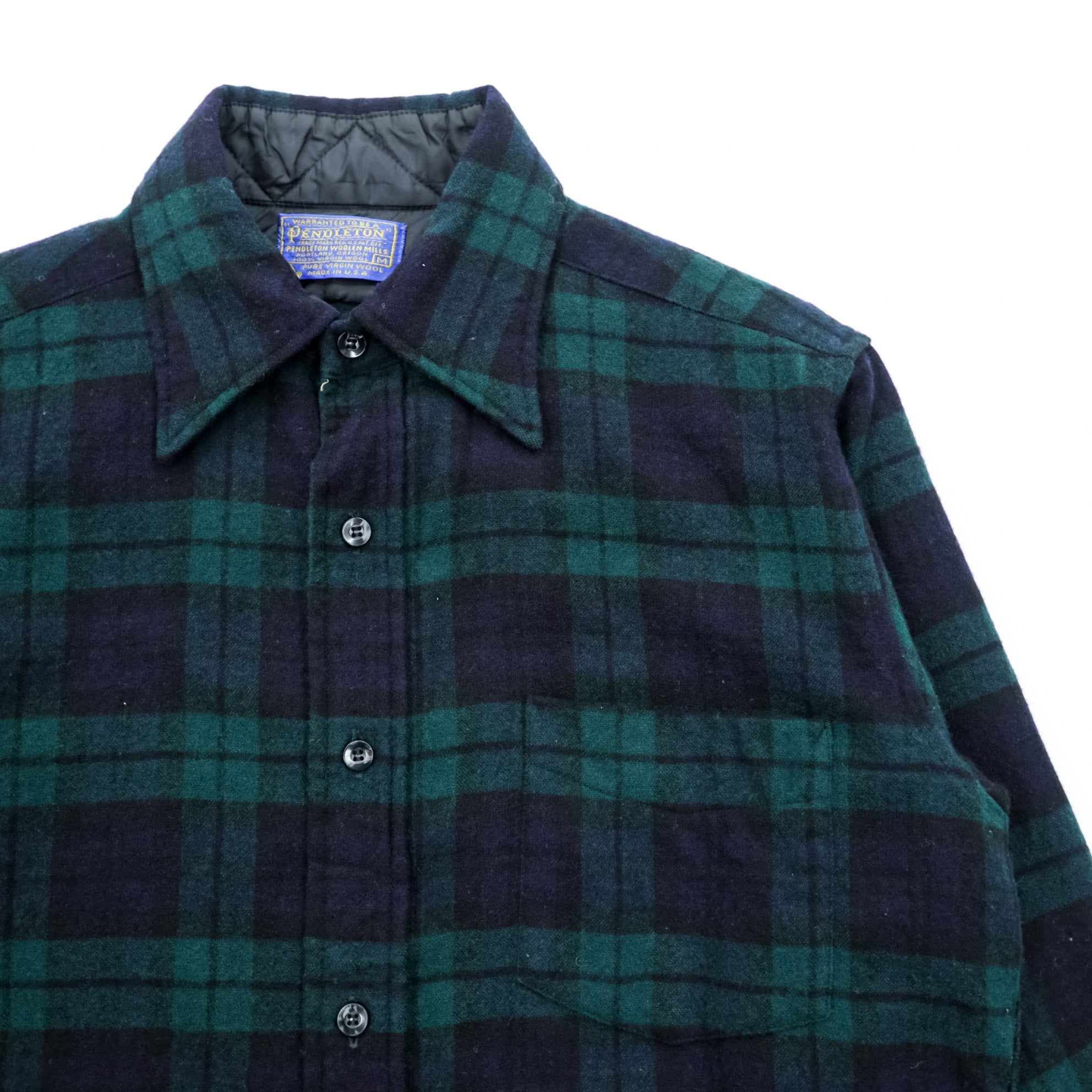 PENDLETON 70s USA Vintage Blackwatch Wool Flannel Shirt M Plaid Navy Green