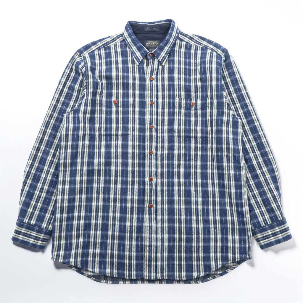 PENDLETON Flannel Shirt XL Blue Plaid Thomas Kay Collection Elbow Patches Chest Pockets