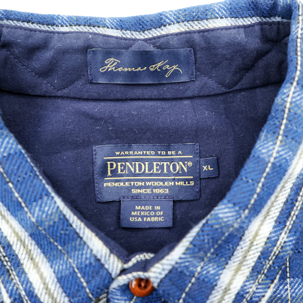 PENDLETON Flannel Shirt XL Blue Plaid Thomas Kay Collection Elbow Patches Chest Pockets
