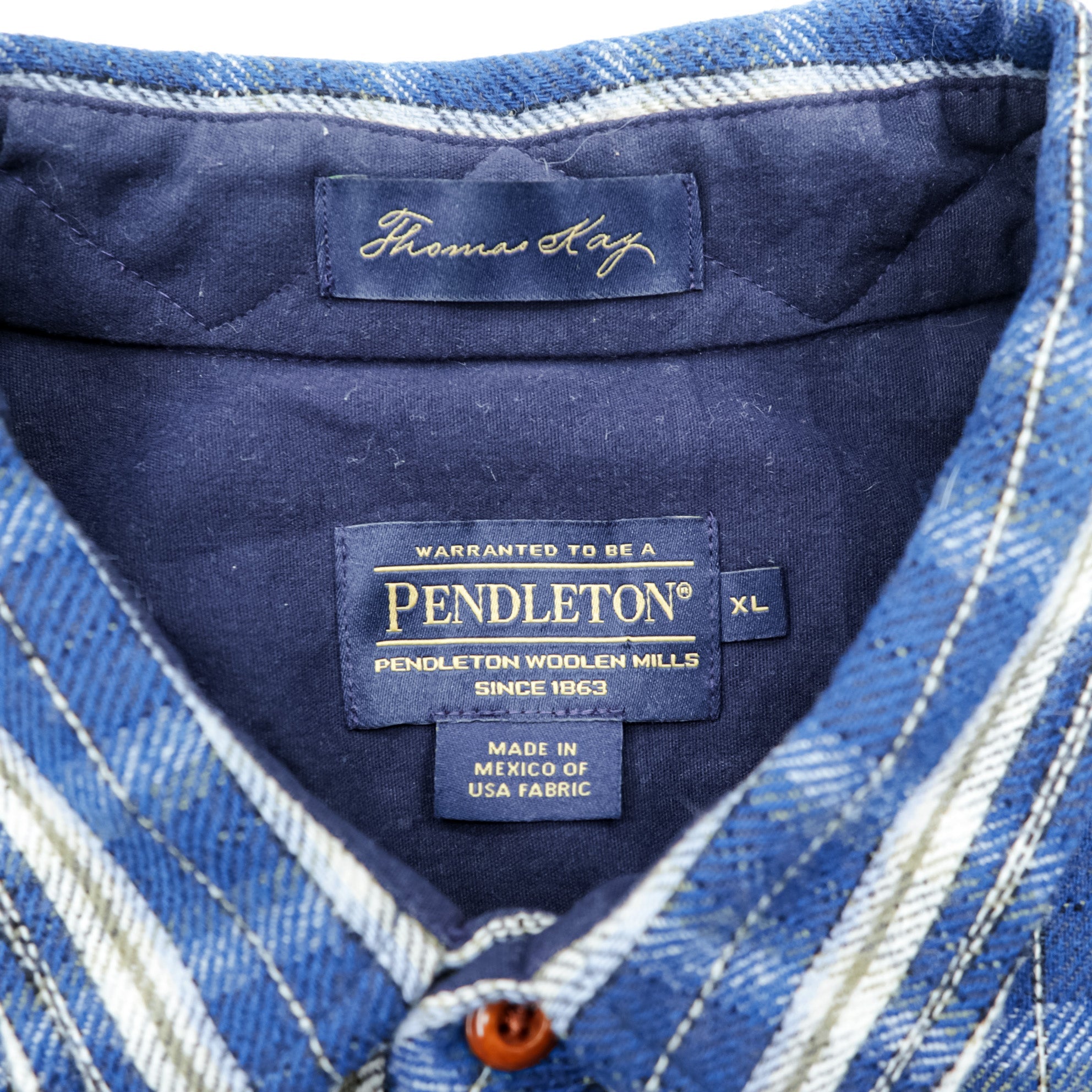 PENDLETON Flannel Shirt XL Blue Plaid Thomas Kay Collection Elbow Patches Chest Pockets