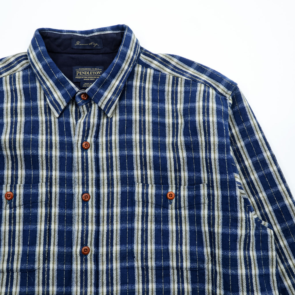 PENDLETON Flannel Shirt XL Blue Plaid Thomas Kay Collection Elbow Patches Chest Pockets