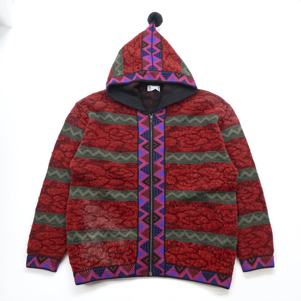 YVES SAINT LAURENT Made in Japan Vintage Knit Zip Hoodie FREE Red Native Pattern Pom-pom Old YSL