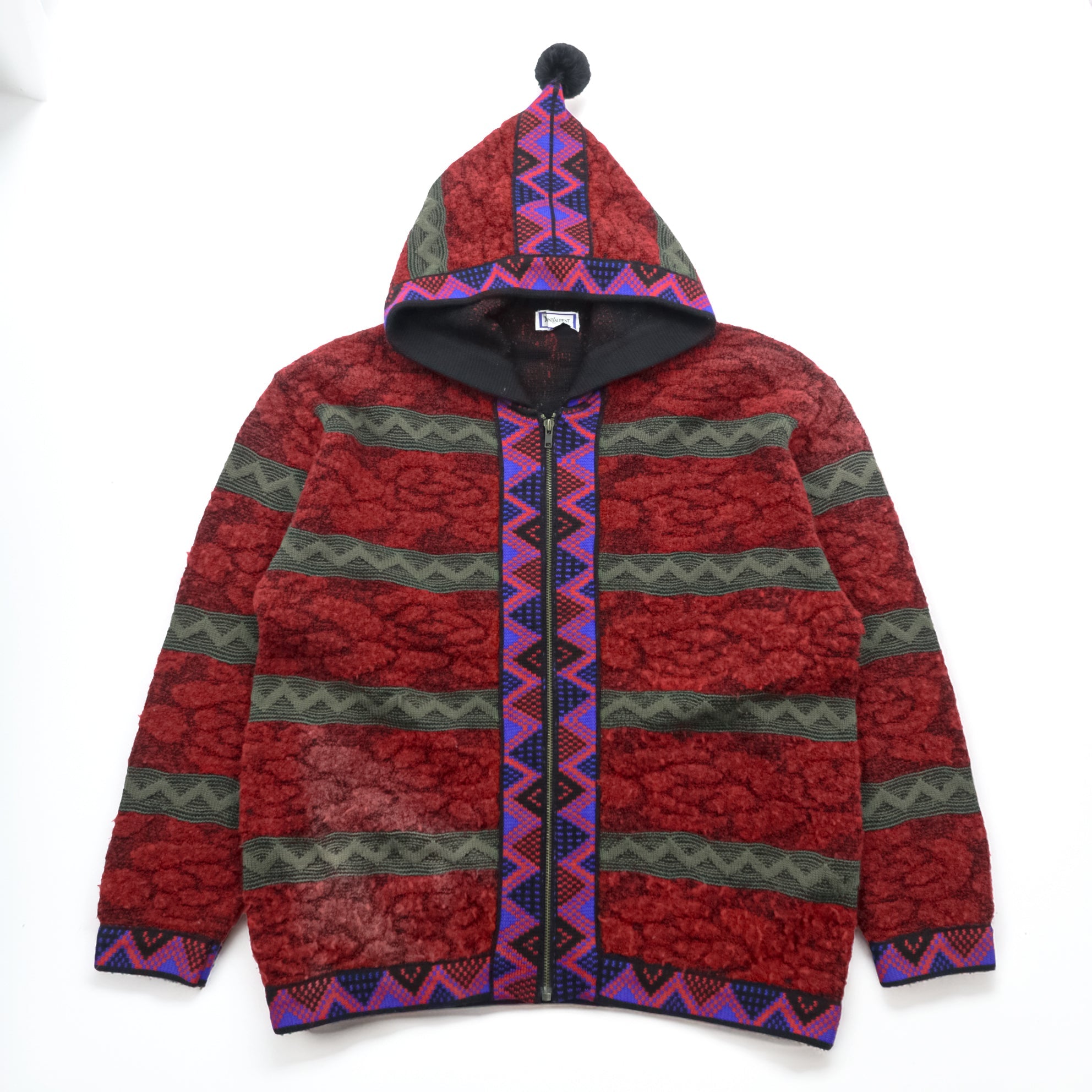 YVES SAINT LAURENT Made in Japan Vintage Knit Zip Hoodie FREE Red Native Pattern Pom-pom Old YSL